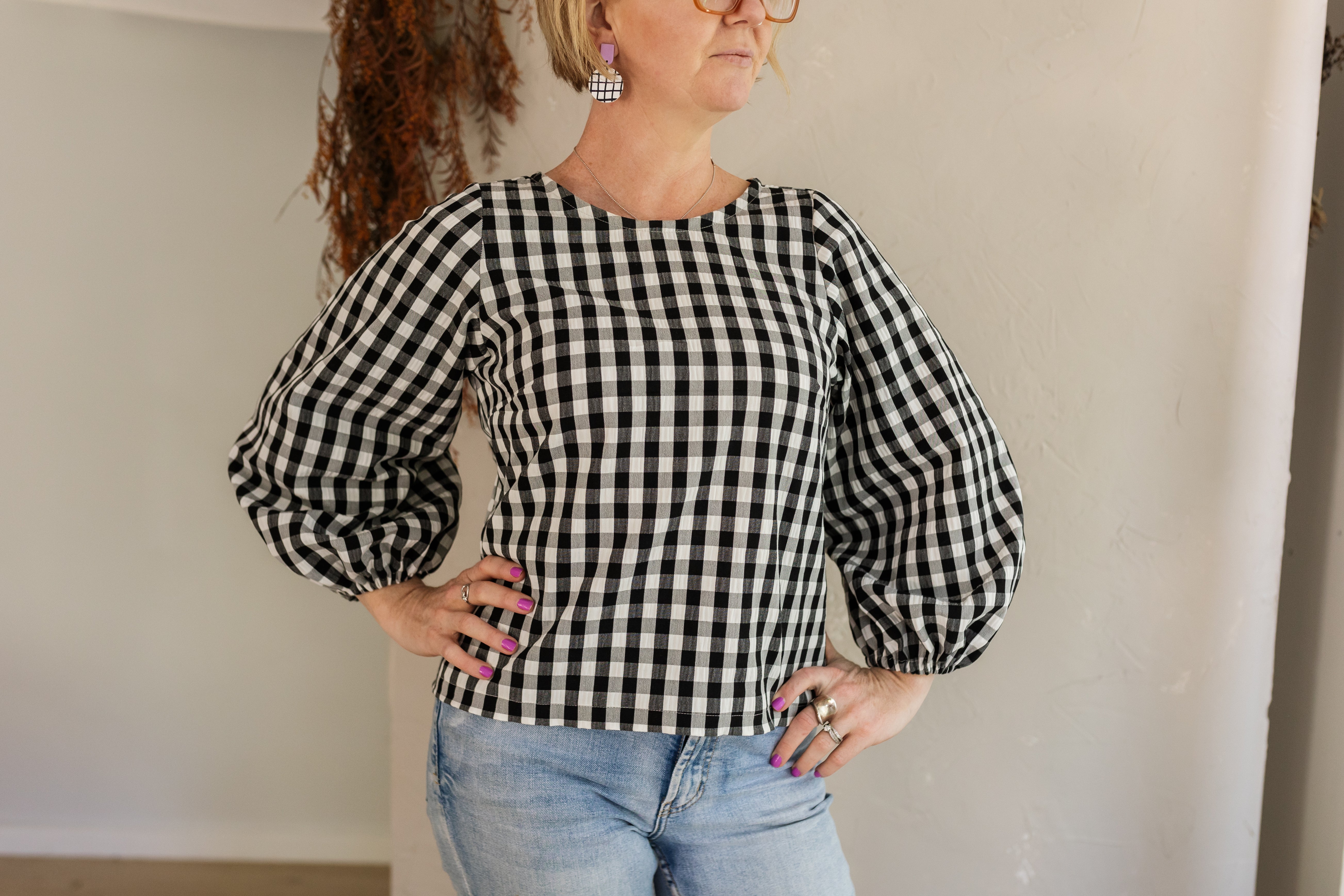 Balloon Sleeve Top - Black and White Gingham