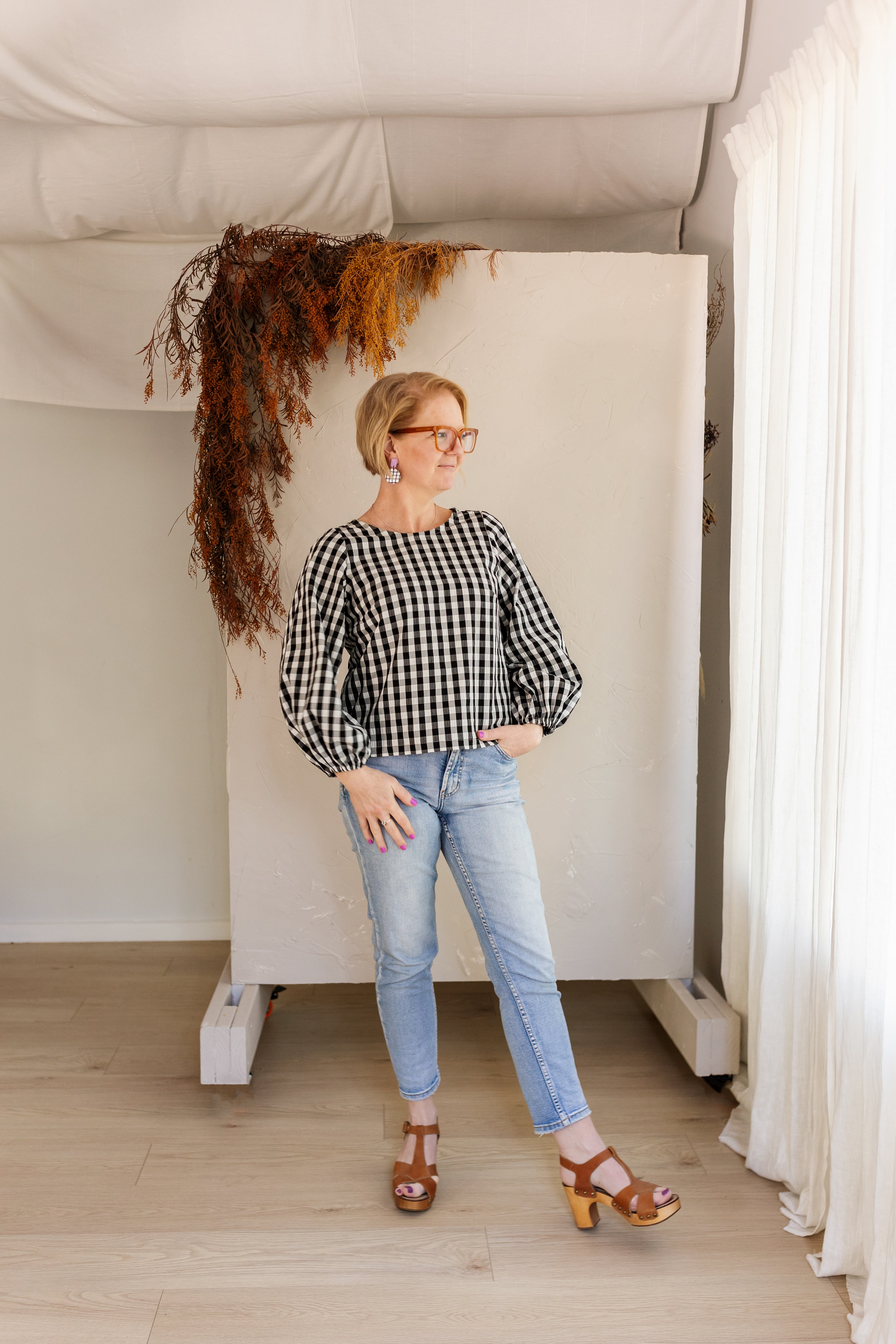 Balloon Sleeve Top - Black and White Gingham