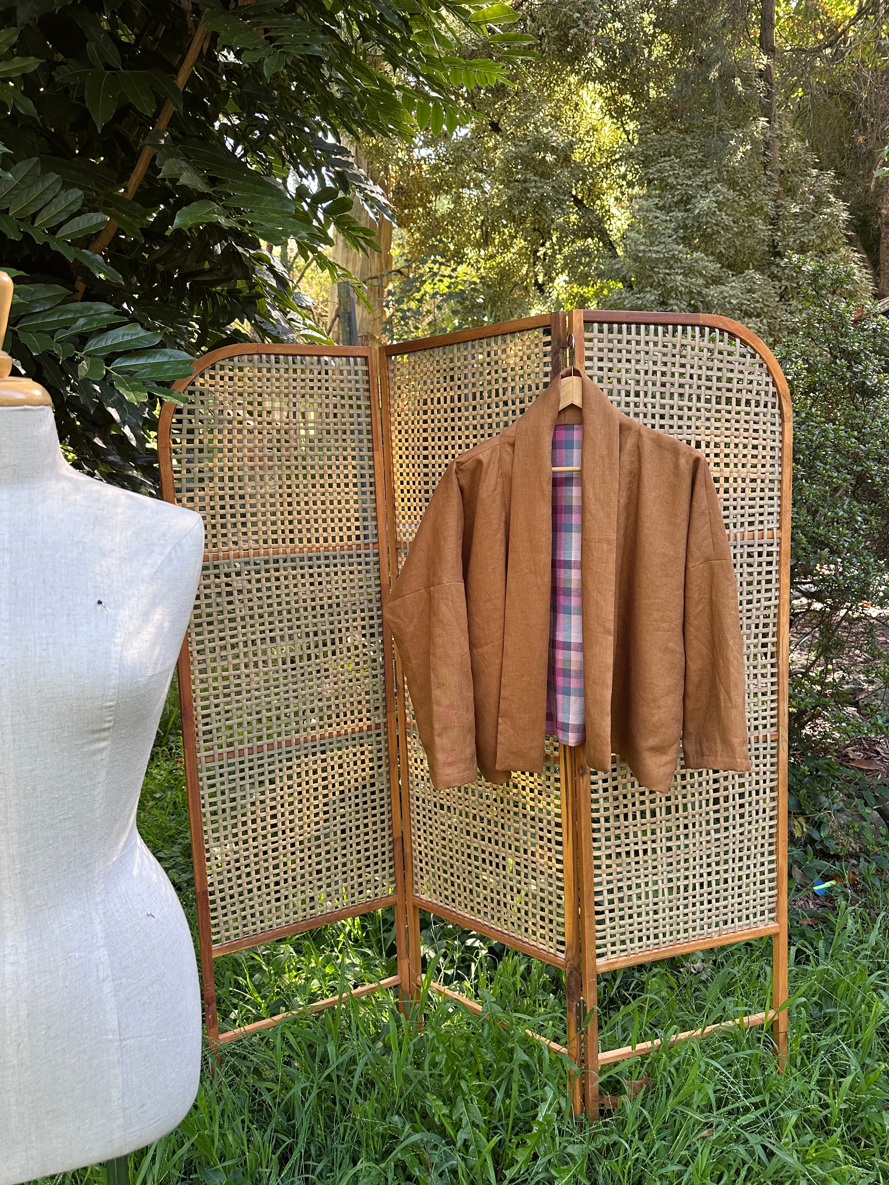 Gemini Reversible Linen Jacket - Tobacco check lining