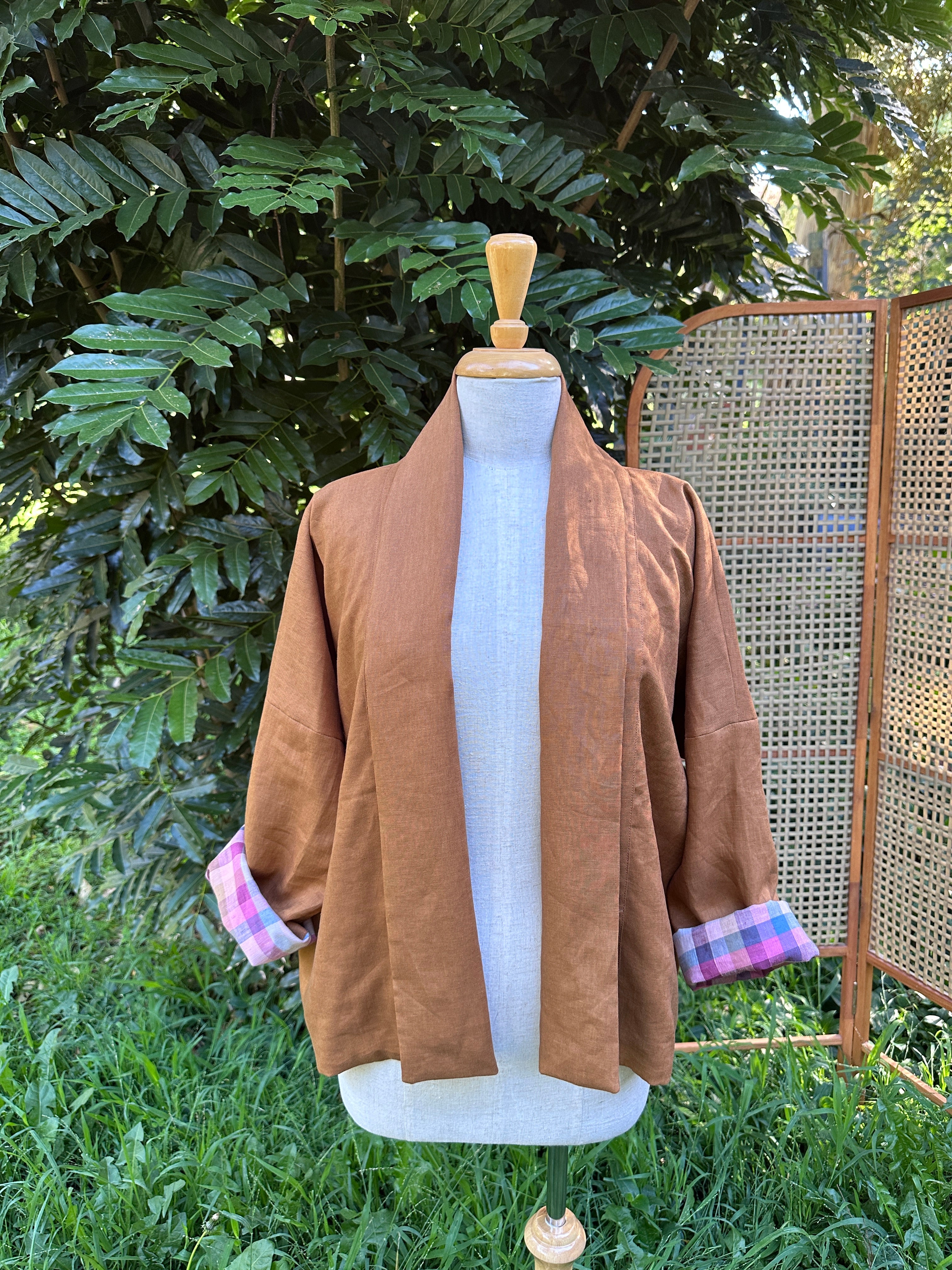 Gemini Reversible Linen Jacket - Tobacco check lining