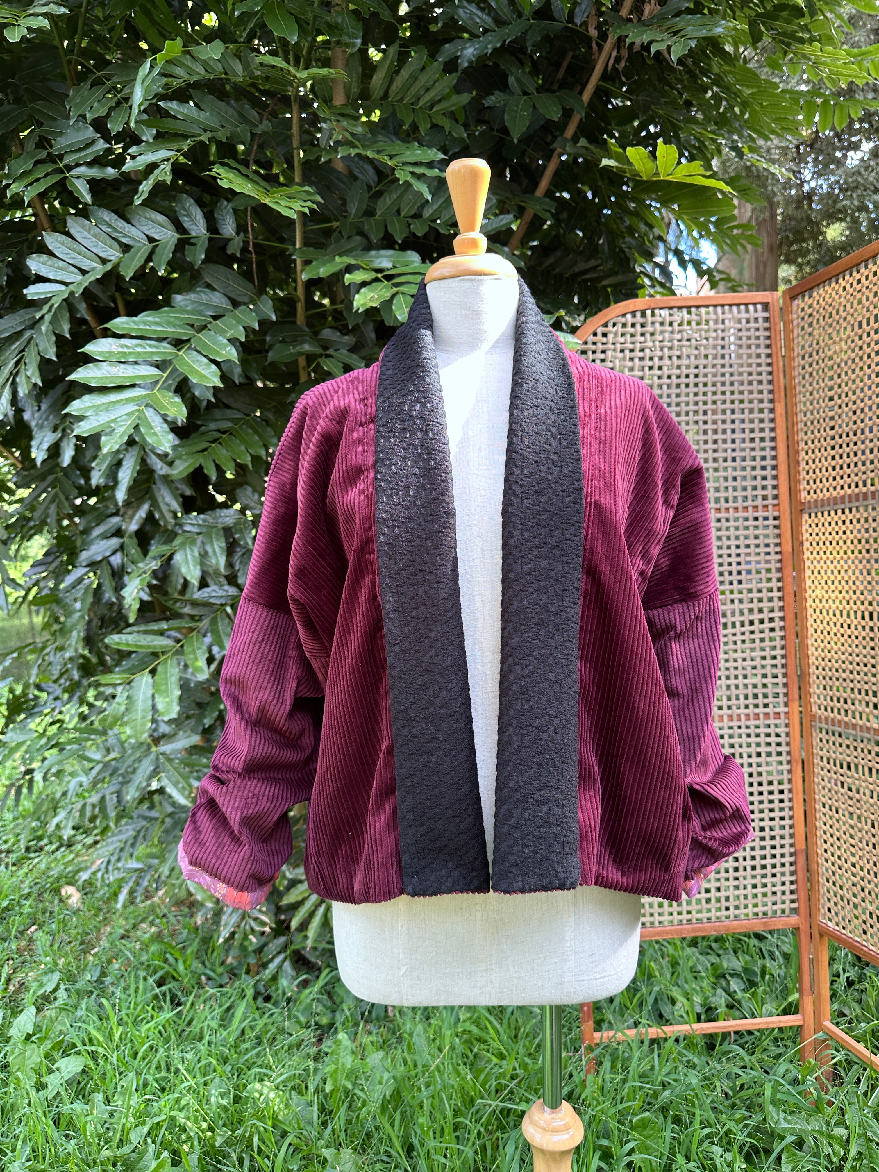 Gemini Reversible Cord Jacket - Burgundy blk roll collar