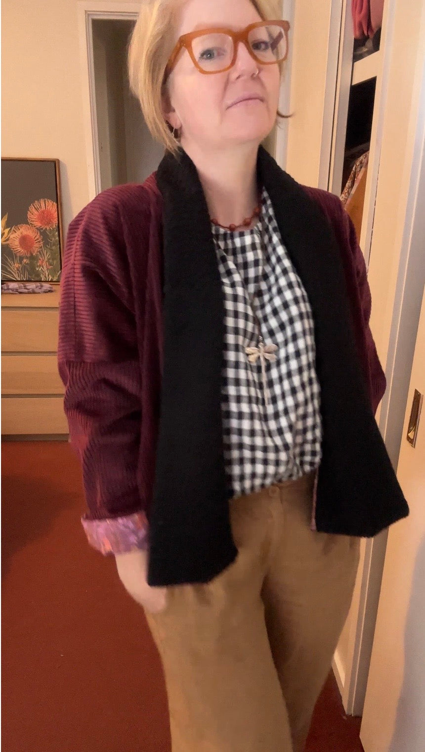 Gemini Reversible Cord Jacket - Burgundy blk roll collar