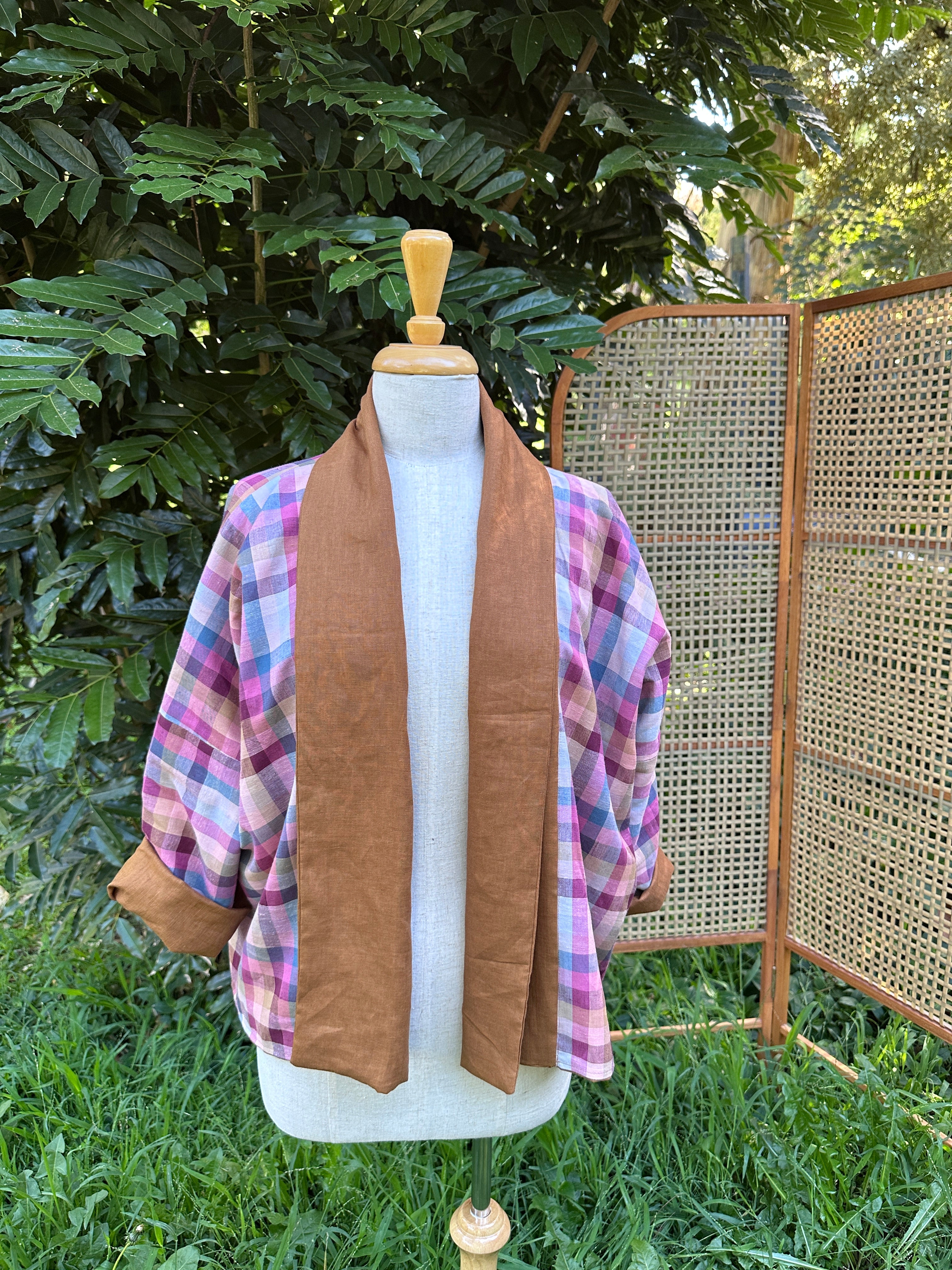 Gemini Reversible Linen Jacket - Tobacco check lining