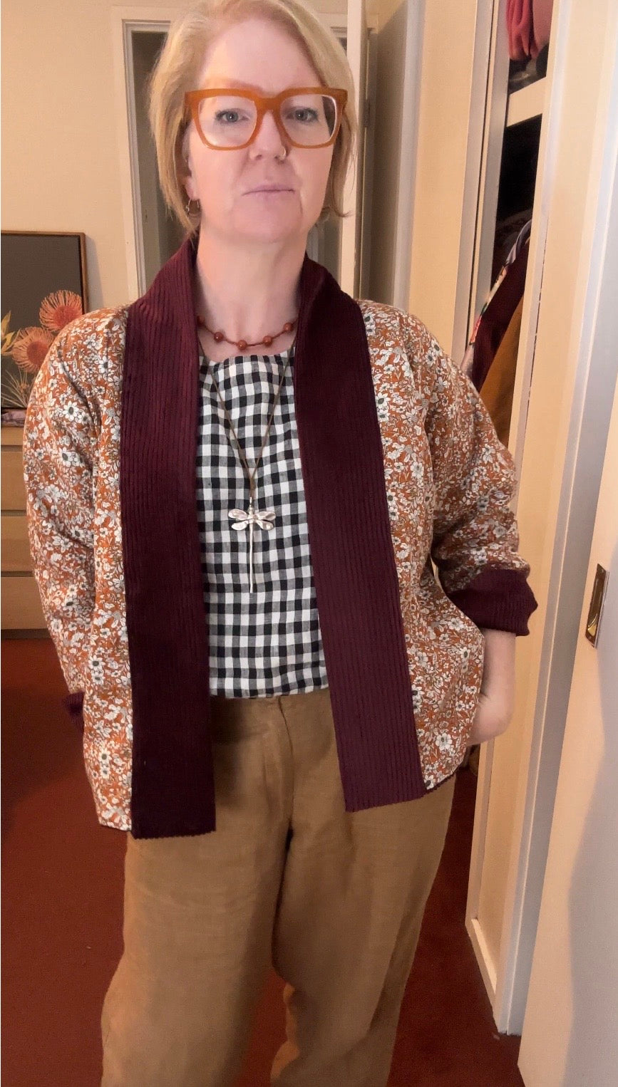 Gemini Reversible Cord Jacket - Burgundy ditsy orange lining