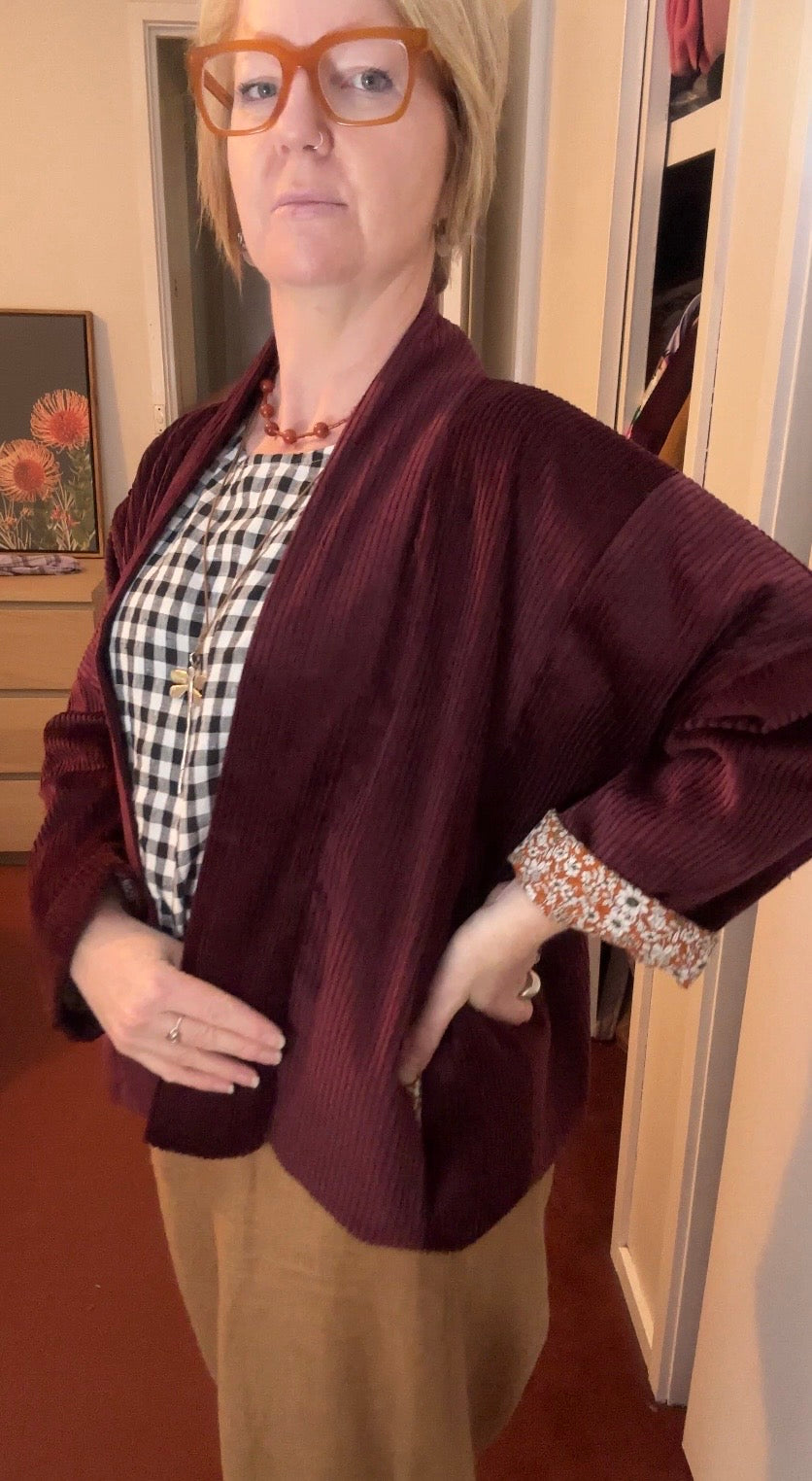 Gemini Reversible Cord Jacket - Burgundy ditsy orange lining