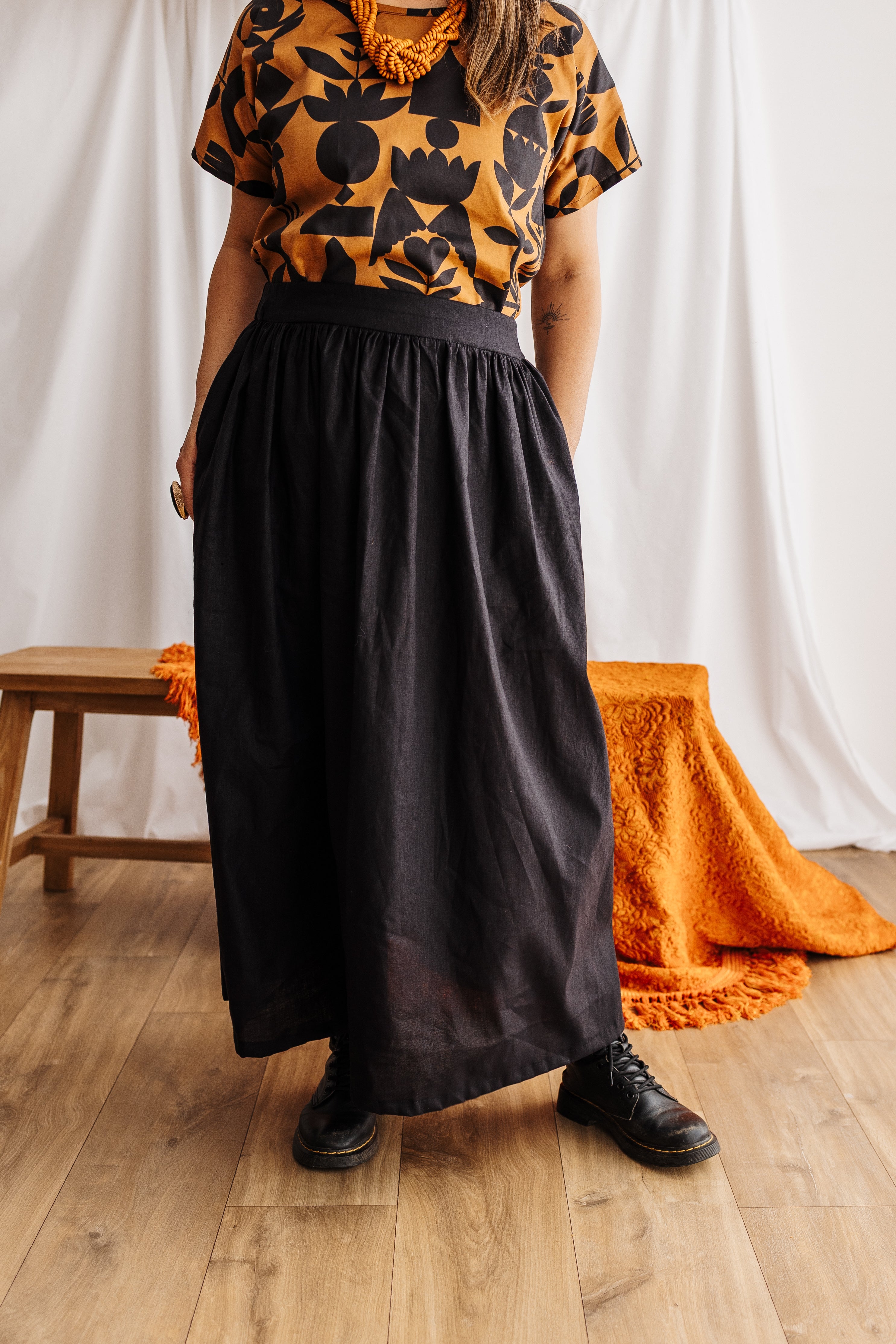  A classic gypsy skirt in natural black linen. Ethically handmade in the Dandenong Ranges. Part of the Future Vintage collection by Spiritus Eco Clothing.