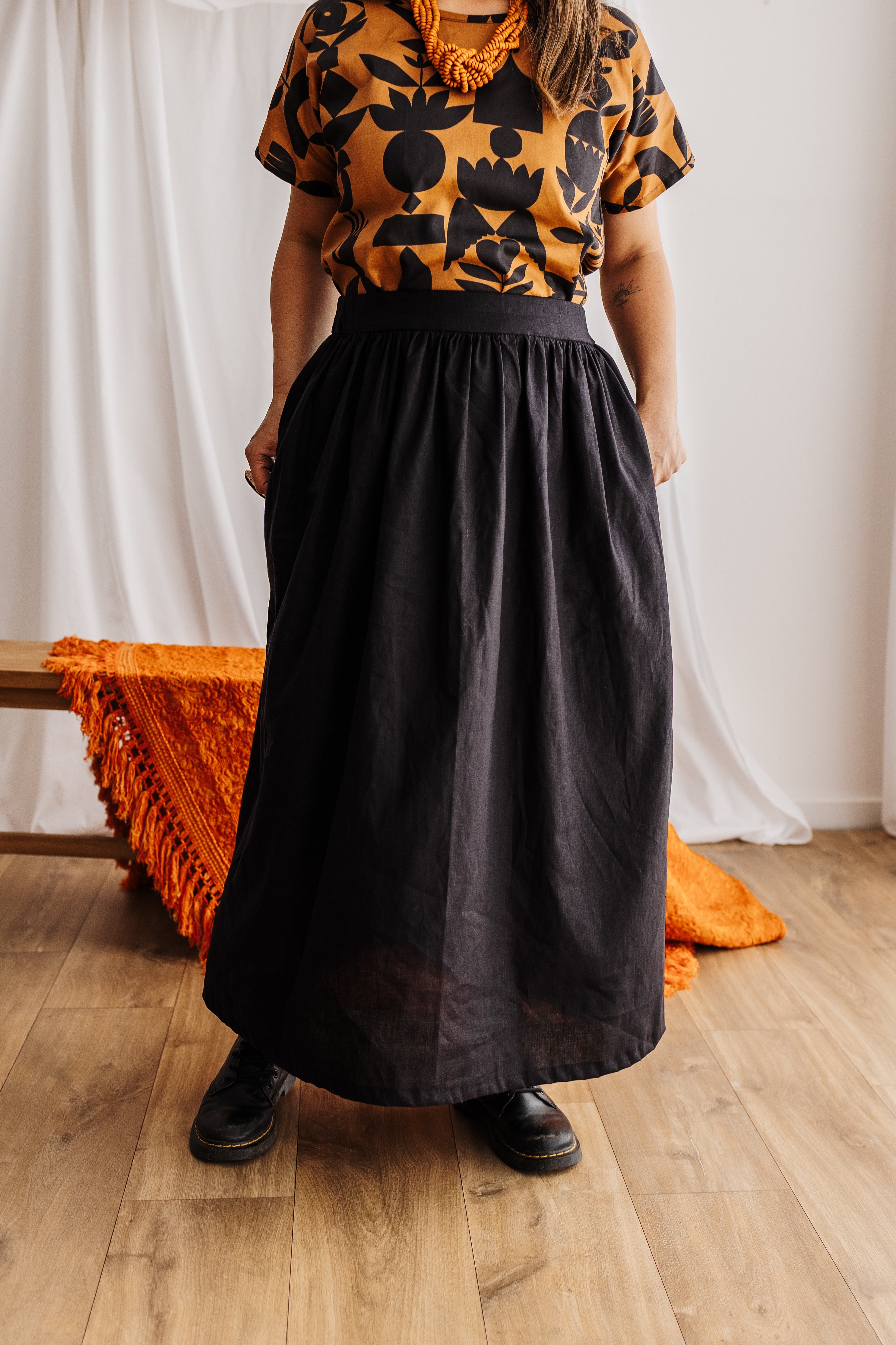  A classic gypsy skirt in natural black linen. Ethically handmade in the Dandenong Ranges. Part of the Future Vintage collection by Spiritus Eco Clothing.