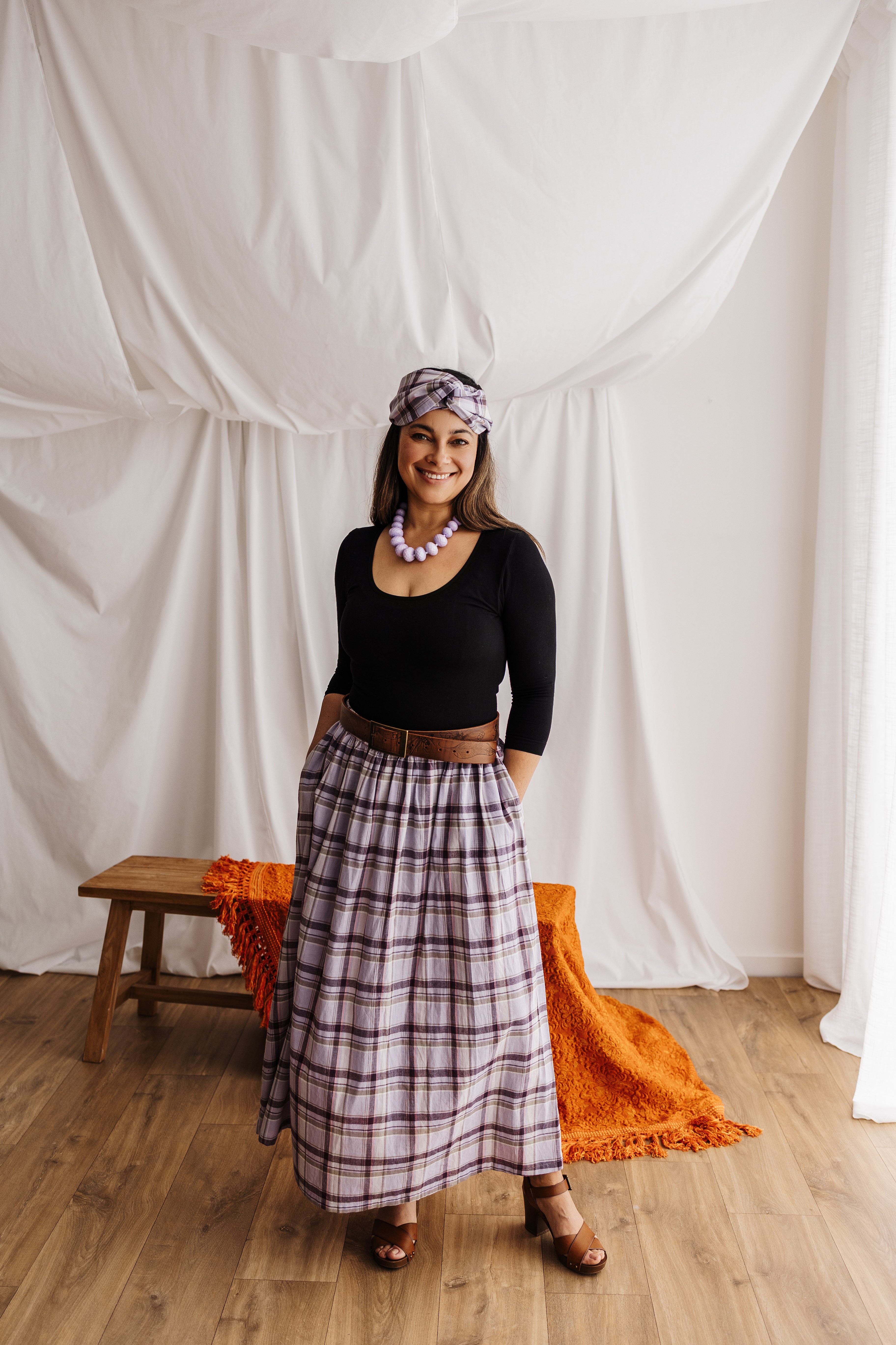 A flowing gypsy skirt in Japanese Organic Cotton check fabric. Ethically handmade in the Dandenong Ranges. Part of the Future Vintage collection by Spiritus Eco Clothing.