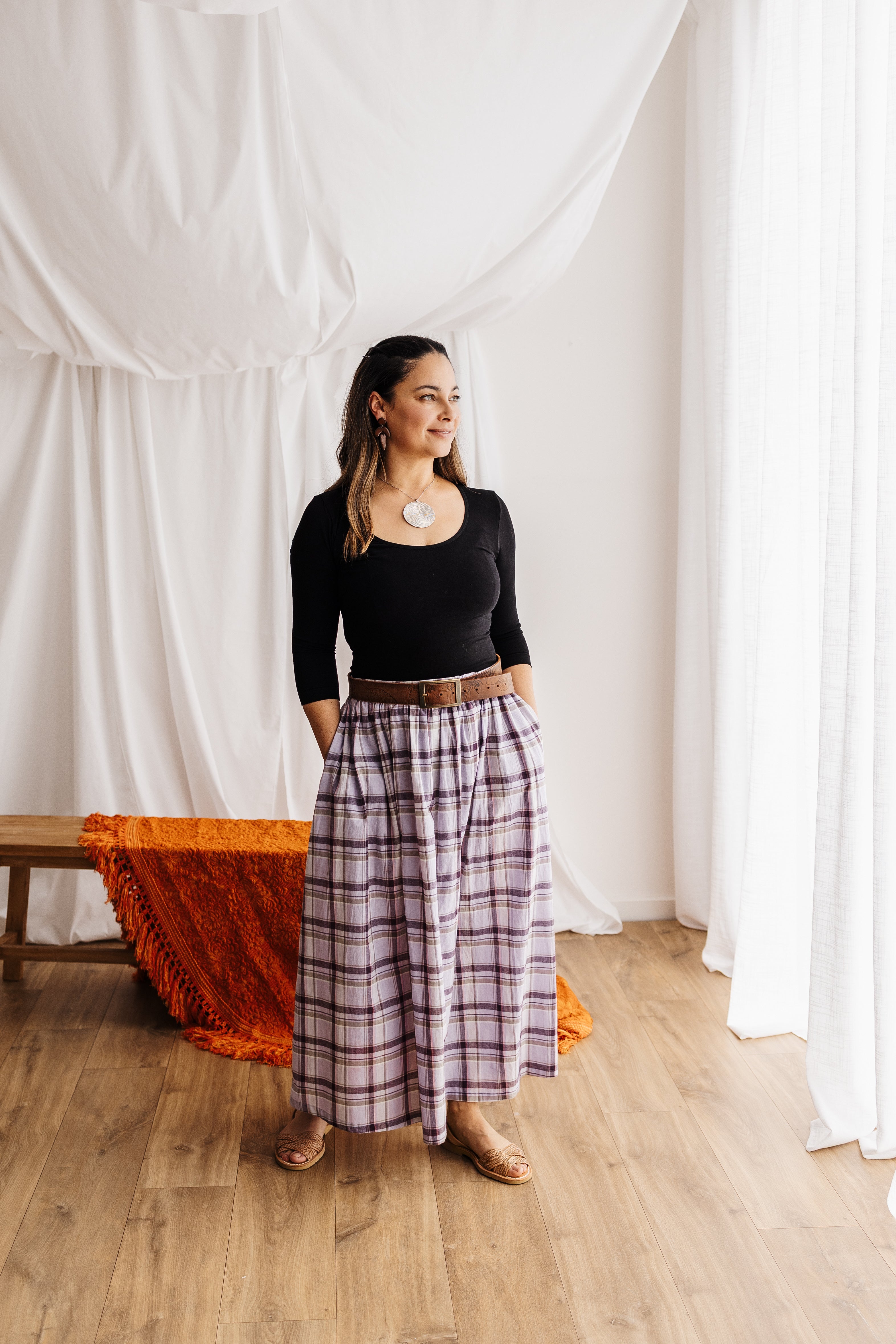 A flowing gypsy skirt in Japanese Organic Cotton check fabric. Ethically handmade in the Dandenong Ranges. Part of the Future Vintage collection by Spiritus Eco Clothing.