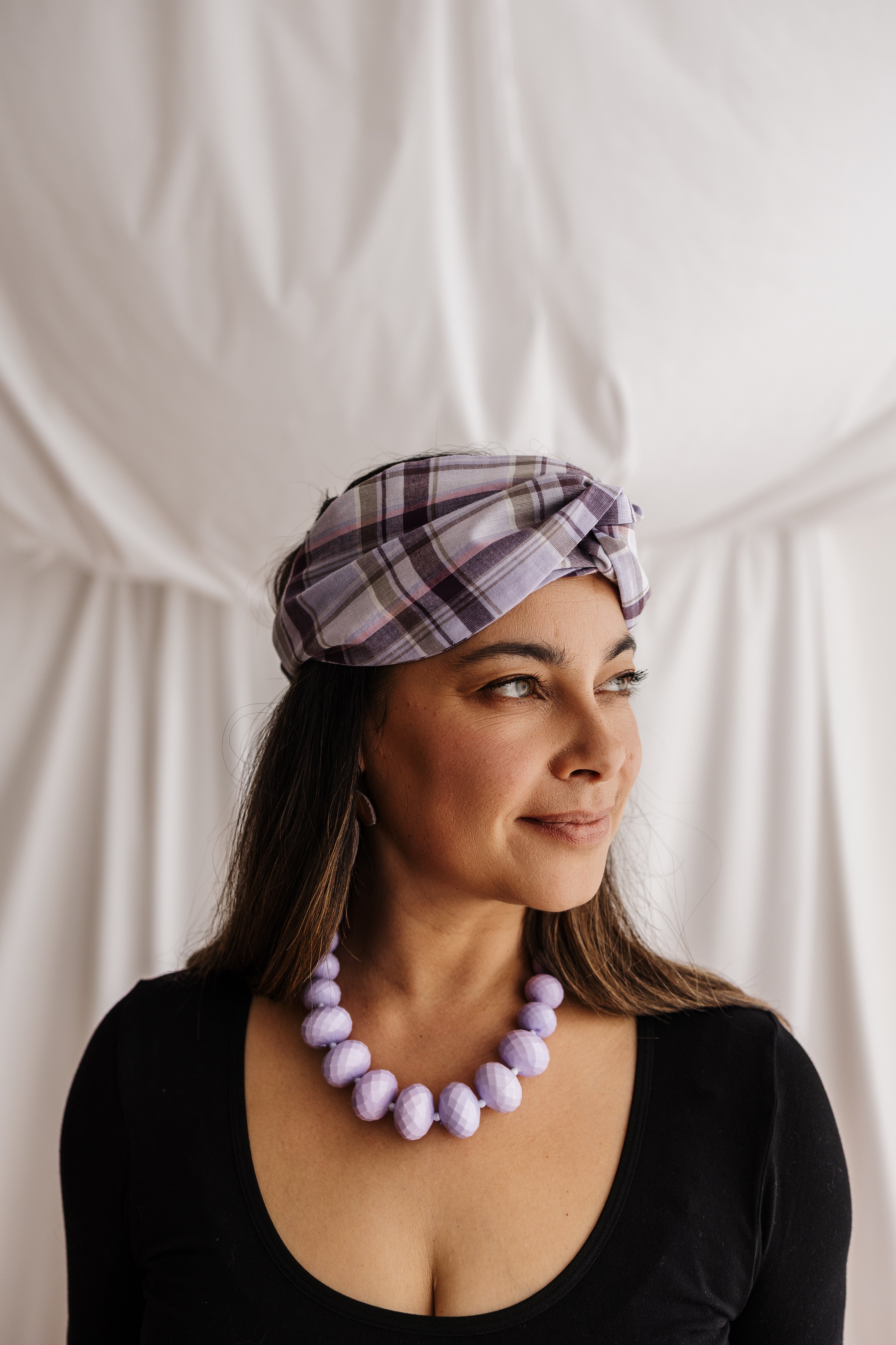 A handmade headband in lilac Japanese organic cotton. Zero waste accessory from the Future Vintage collection by Spiritus Eco Clothing.