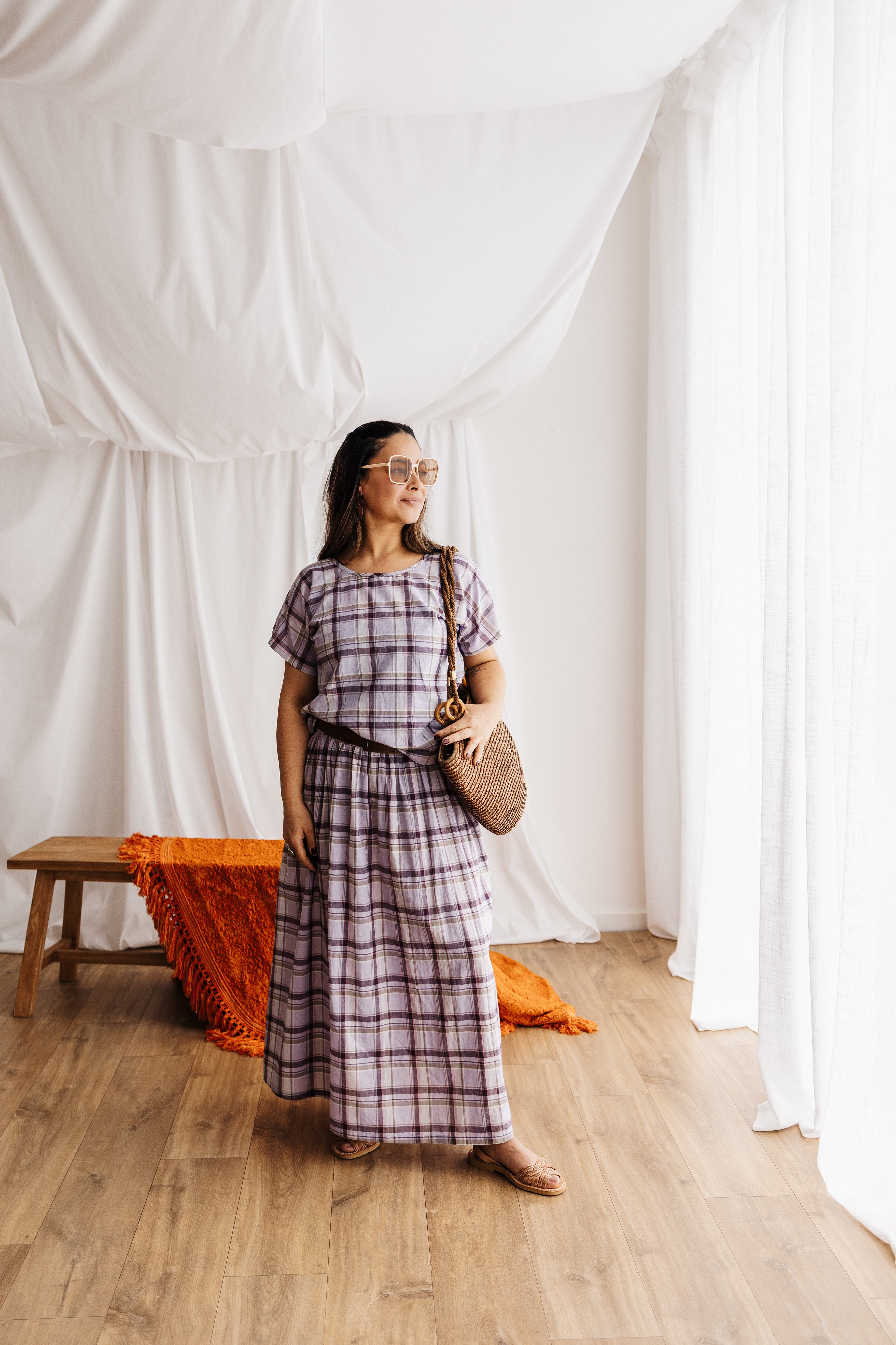 A relaxed tee in Japanese Organic Cotton check fabric. Ethically handmade in the Dandenong Ranges. Part of the Future Vintage collection by Spiritus Eco Clothing, Australia.