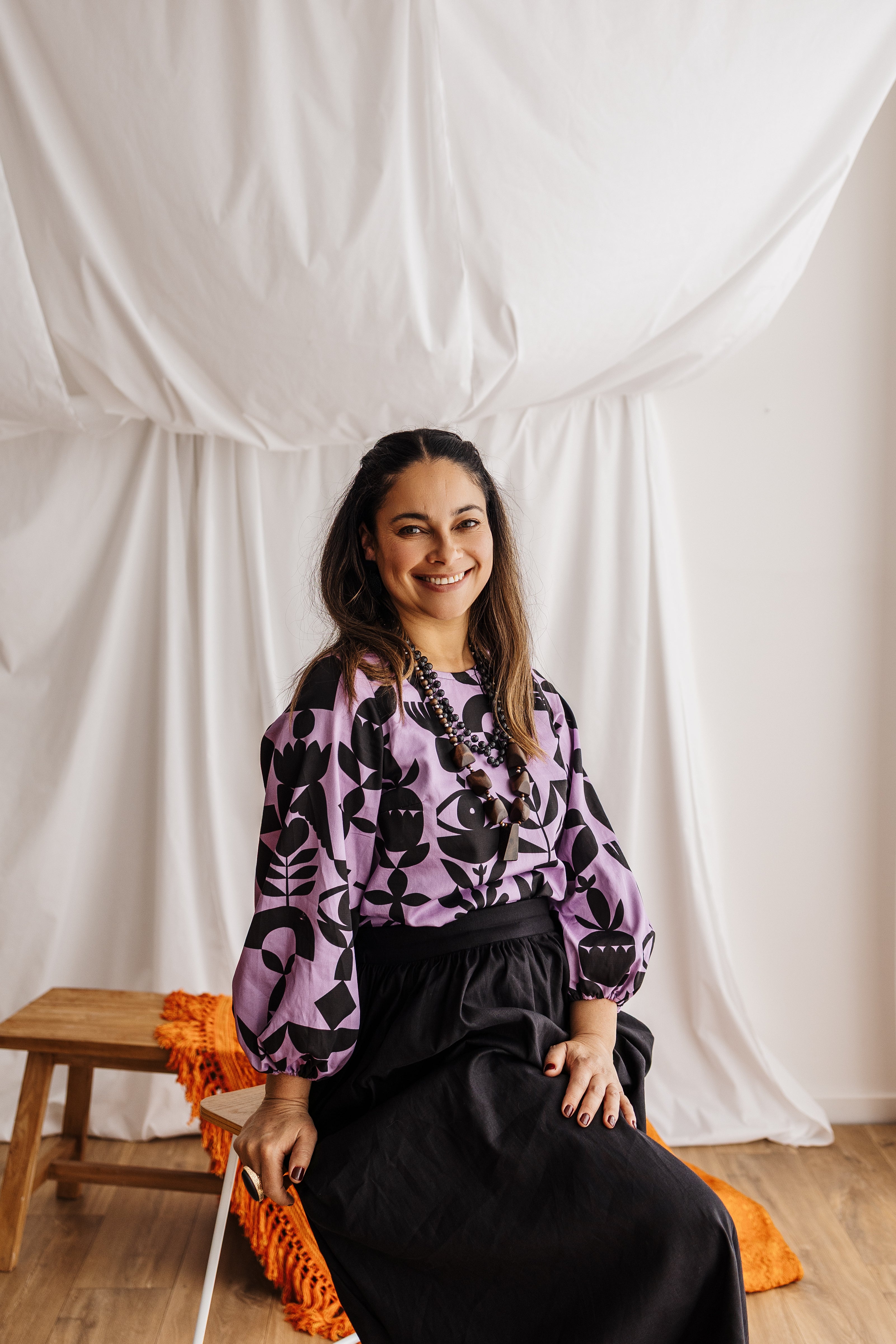 Statement balloon sleeves in lilac featuring the Memento print by Cecilia Mok. Made to order in organic cotton. Future Vintage by Spiritus Eco Clothing.