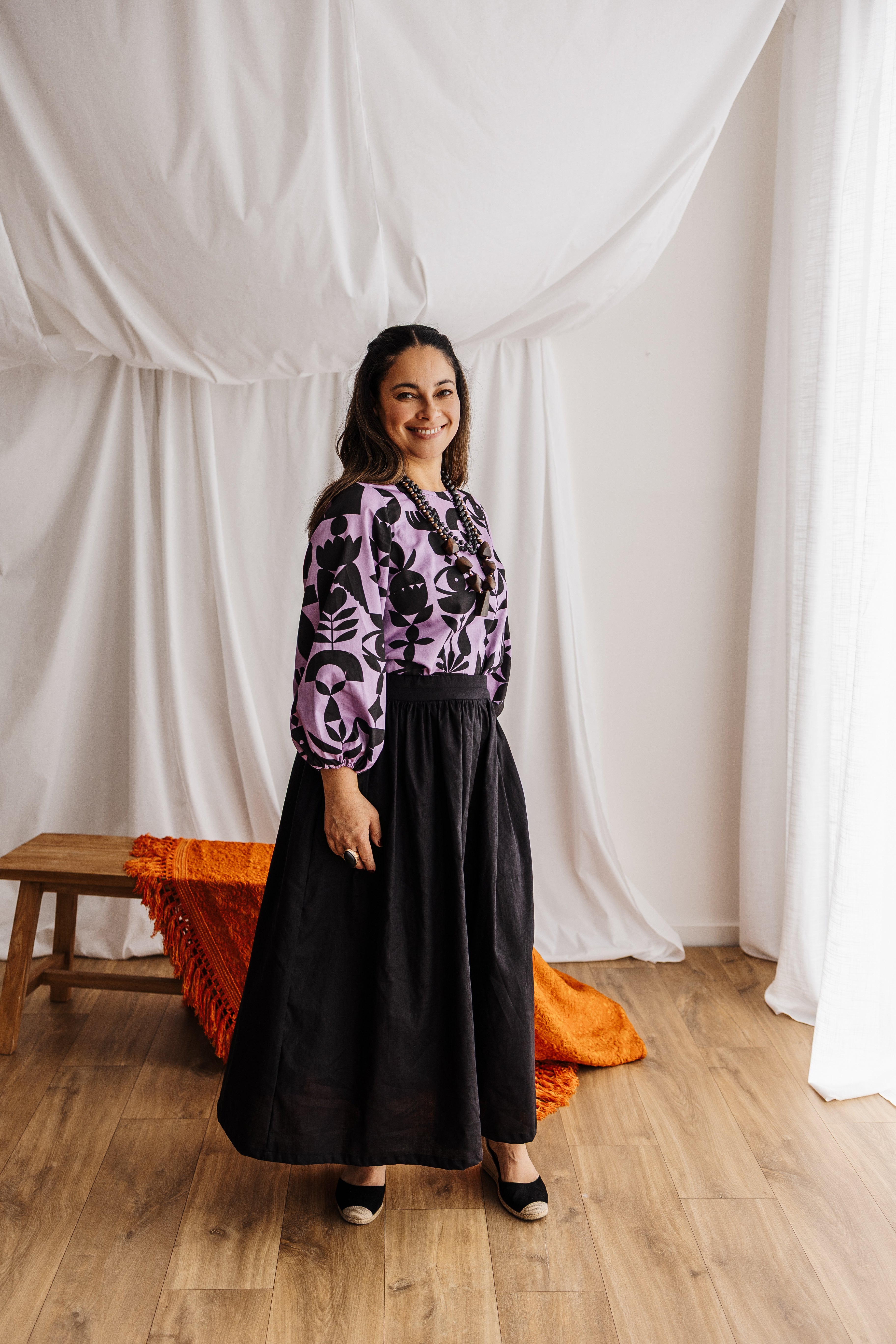 Statement balloon sleeves in lilac featuring the Memento print by Cecilia Mok. Made to order in organic cotton. Future Vintage by Spiritus Eco Clothing.