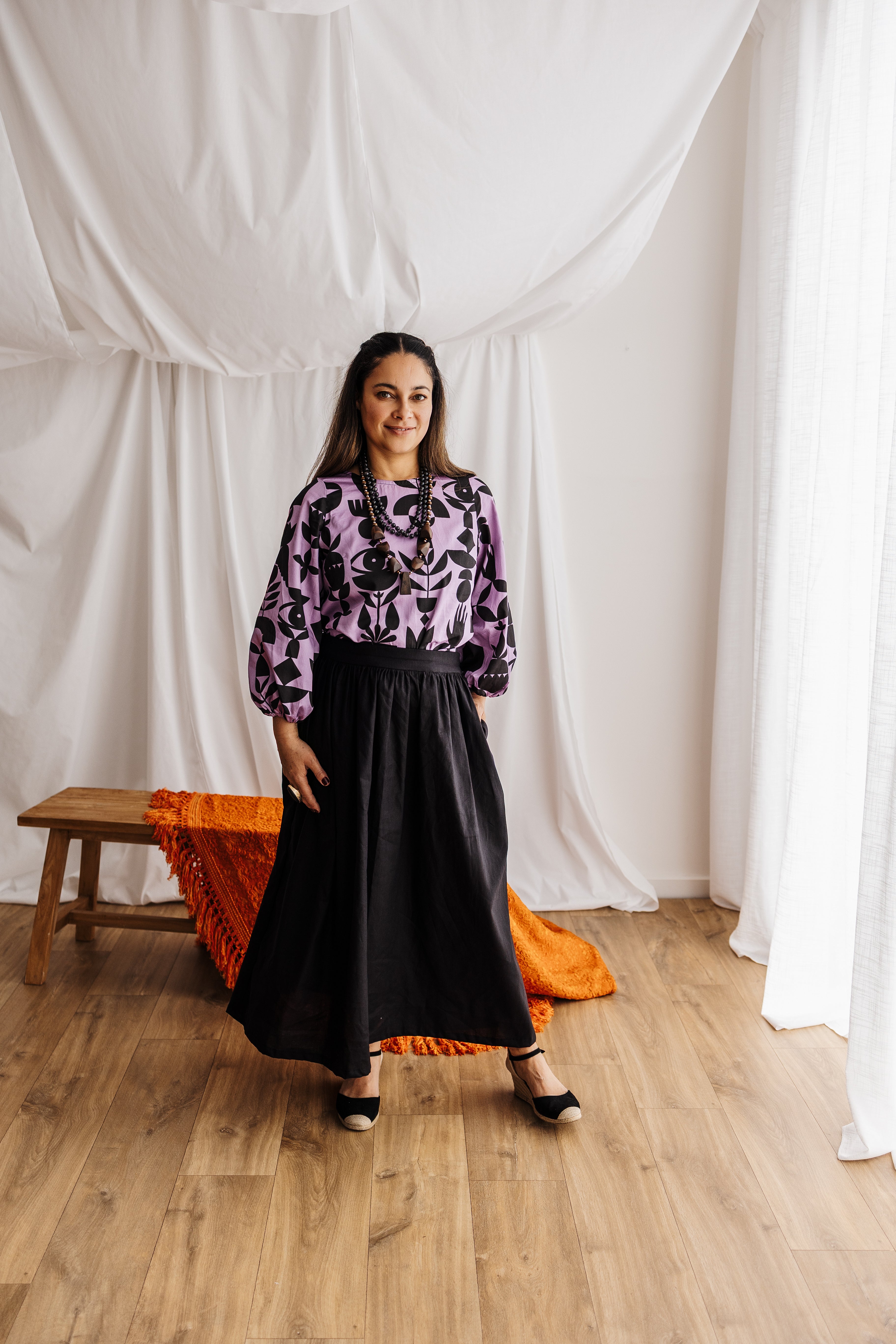 Statement balloon sleeves in lilac featuring the Memento print by Cecilia Mok. Made to order in organic cotton. Future Vintage by Spiritus Eco Clothing.