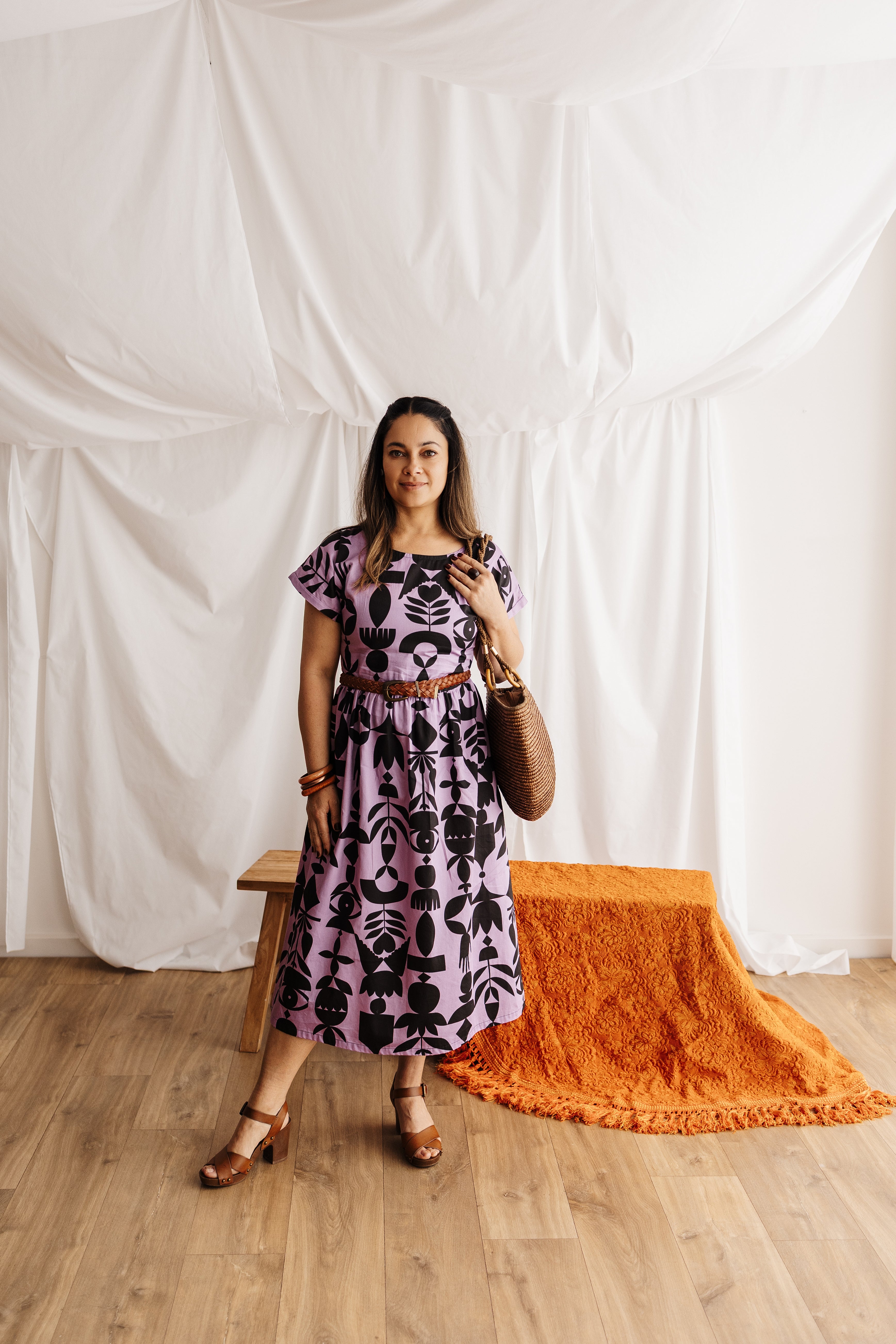 The Frankie Dress in lilac featuring the Memento print by Cecilia Mok. Made to order in organic cotton. Handmade slow fashion from the Dandenong Ranges.