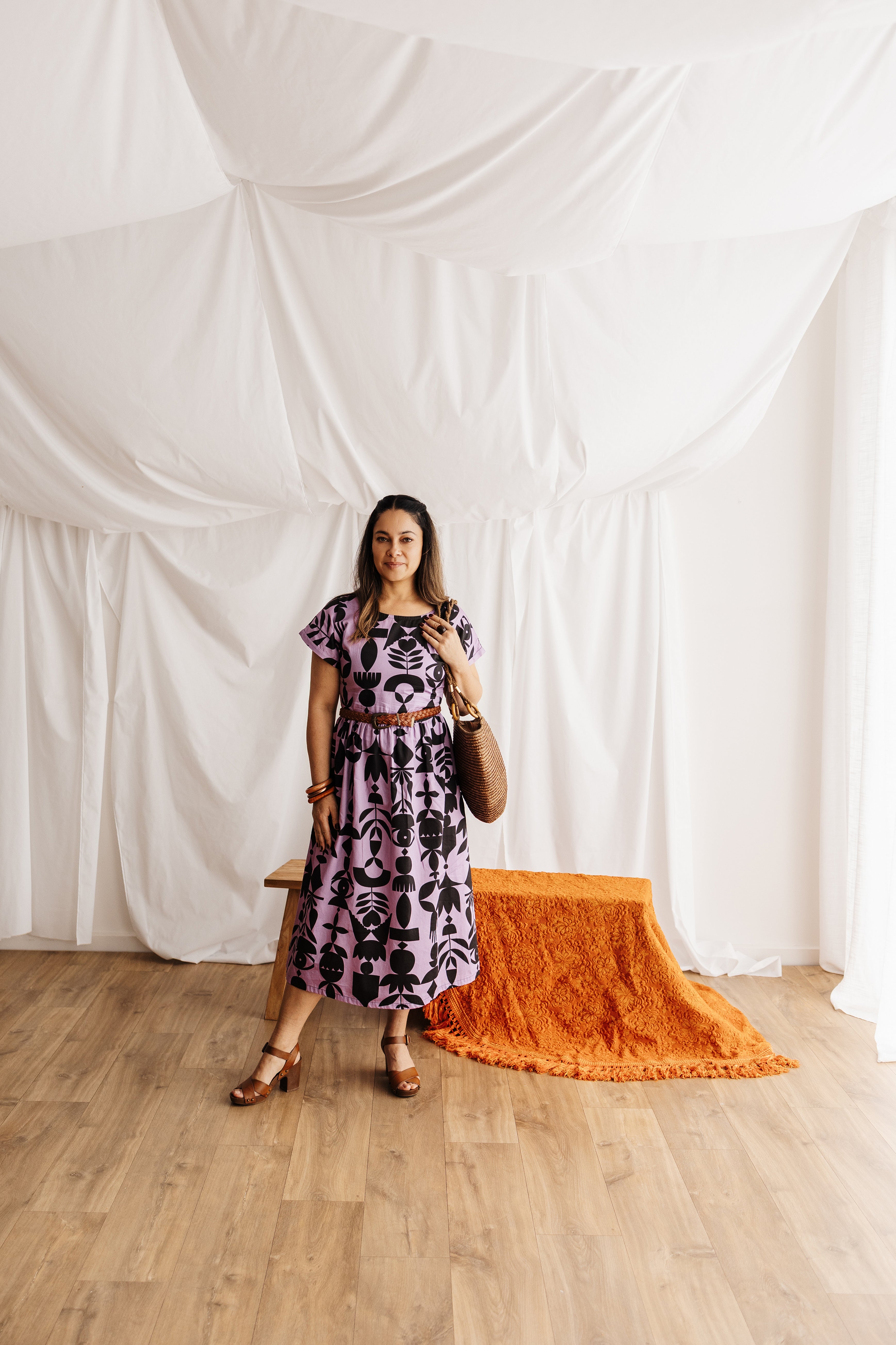 The Frankie Dress in lilac featuring the Memento print by Cecilia Mok. Made to order in organic cotton. Handmade slow fashion from the Dandenong Ranges.