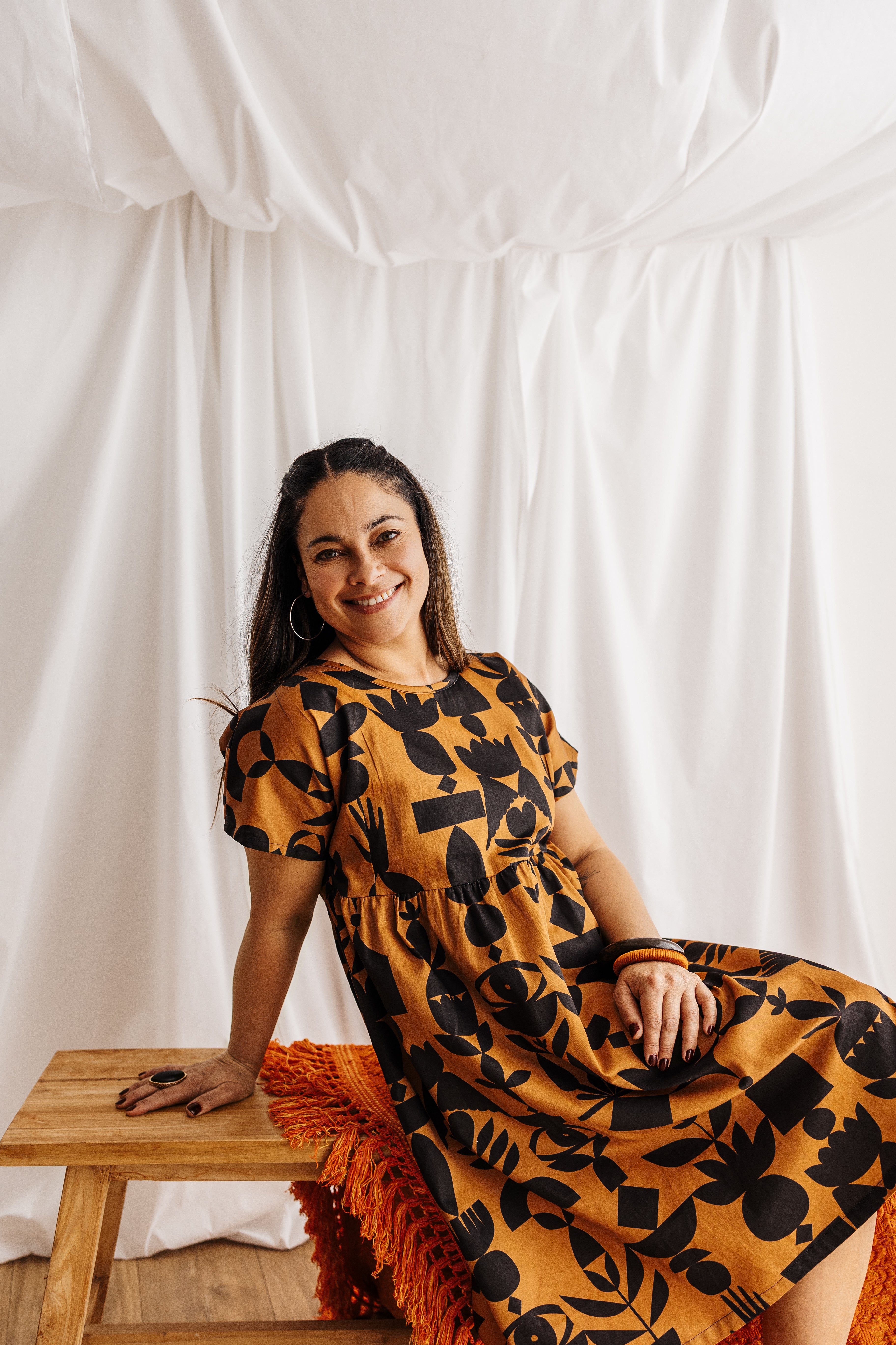 The Frida Dress in butterscotch featuring the Memento print by Cecilia Mok. Made to order in organic cotton. Handmade in the Dandenong Ranges, Australia.