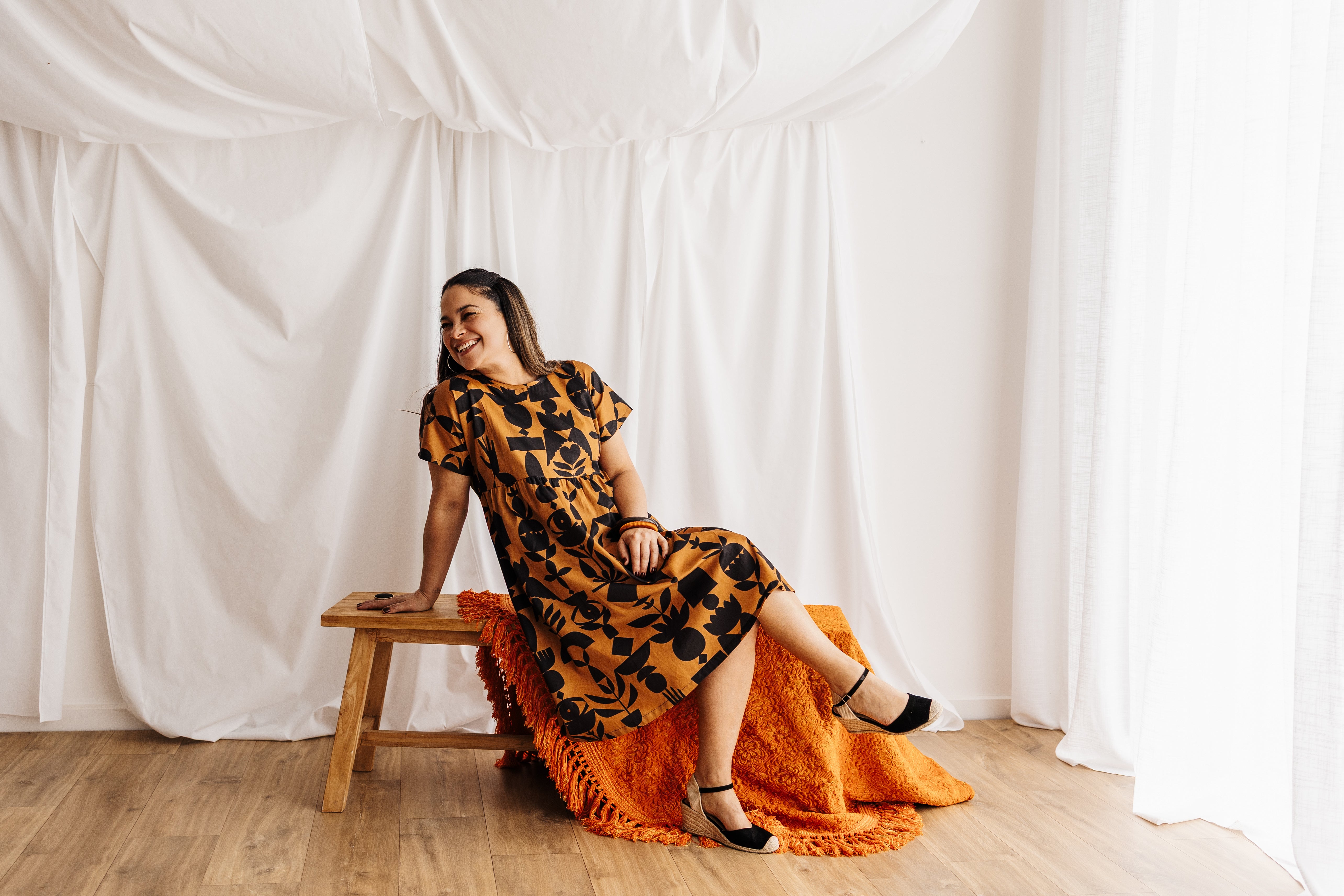 The Frida Dress in butterscotch featuring the Memento print by Cecilia Mok. Made to order in organic cotton. Handmade in the Dandenong Ranges, Australia.