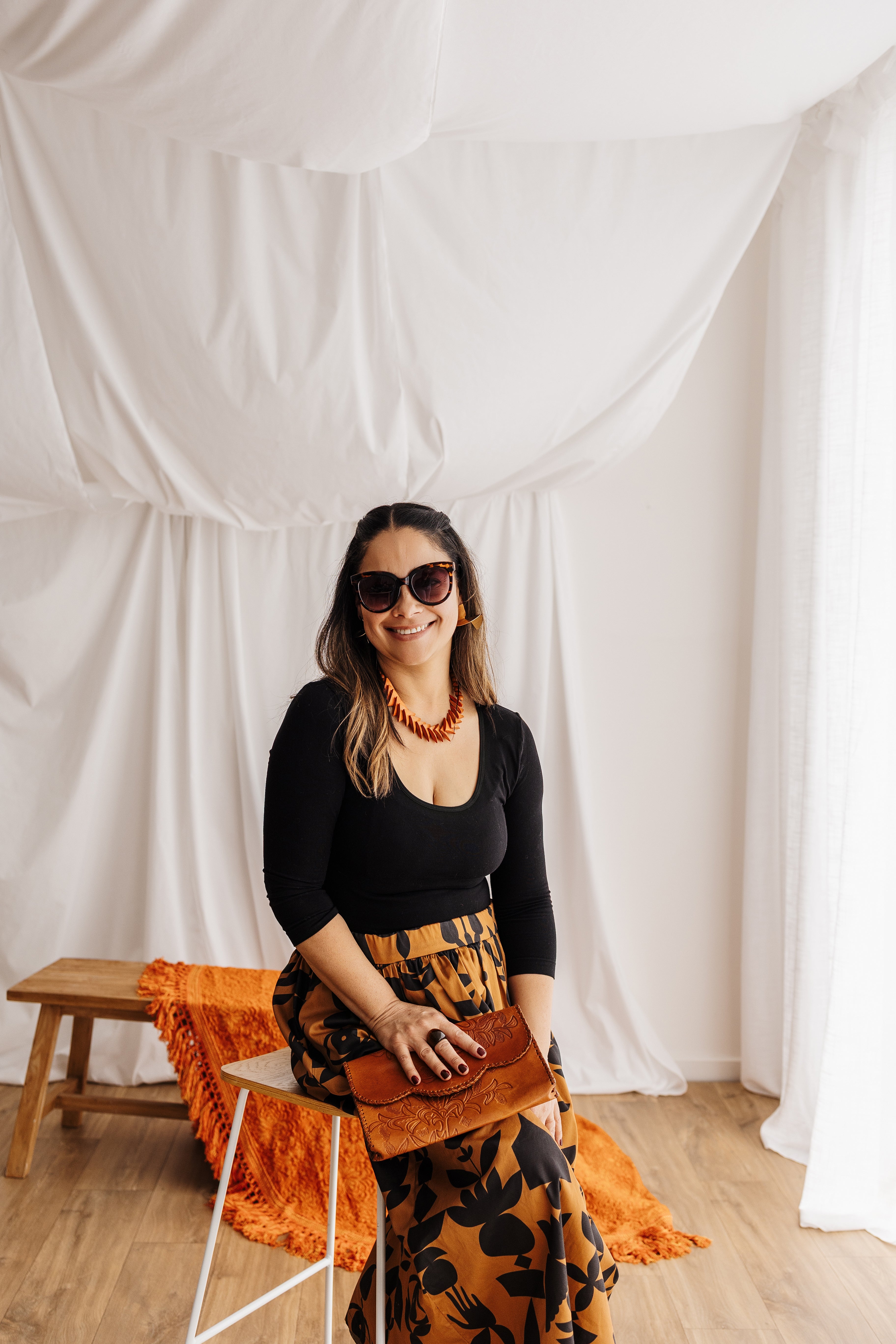 Flowing gypsy skirt in butterscotch featuring the Memento print by Cecilia Mok. Made to order in organic cotton. Handmade in the Dandenong Ranges, Australia.