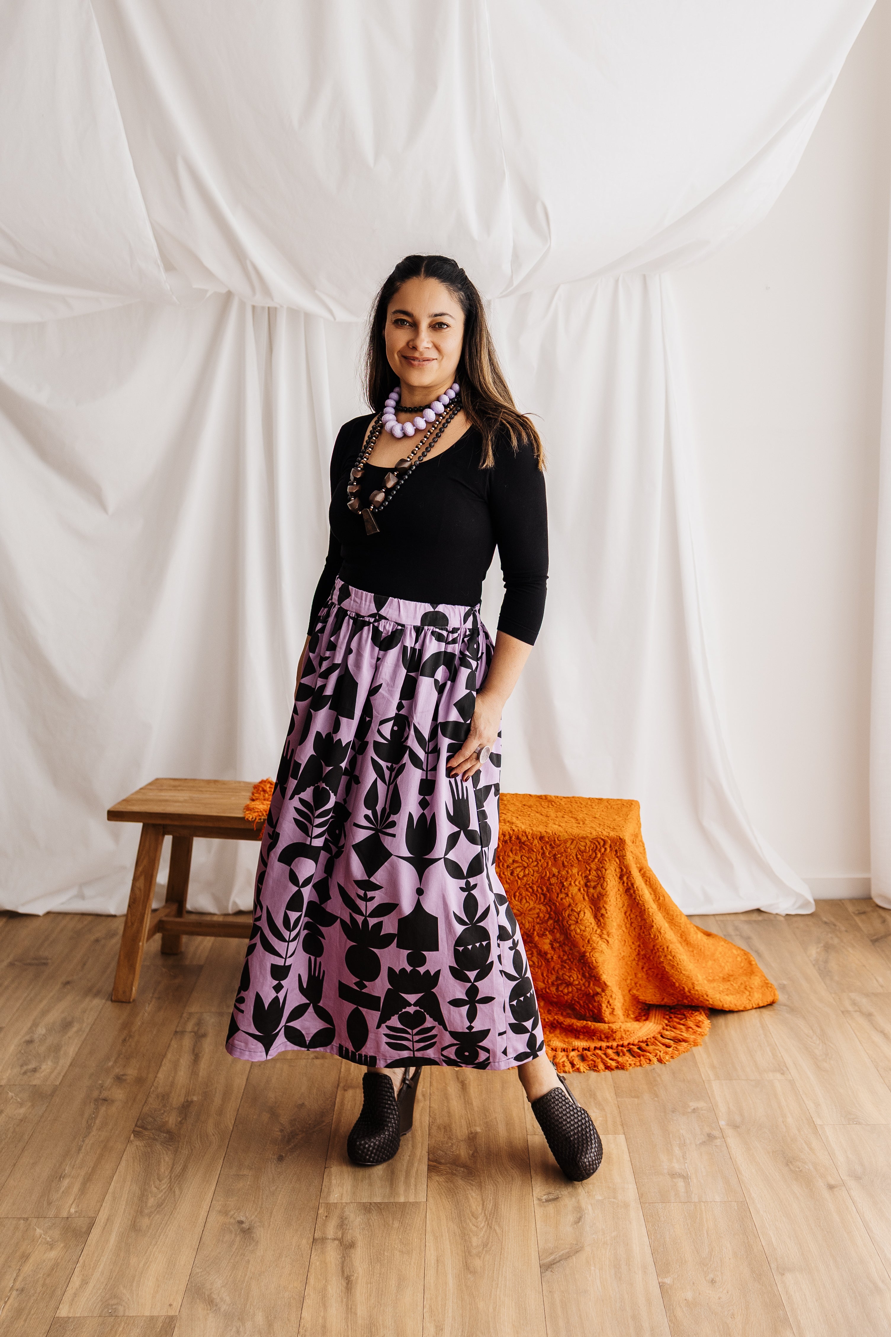  Flowing gypsy skirt in lilac featuring the Memento print by Cecilia Mok. Made to order in organic cotton. Handmade in the Dandenong Ranges, Australia.