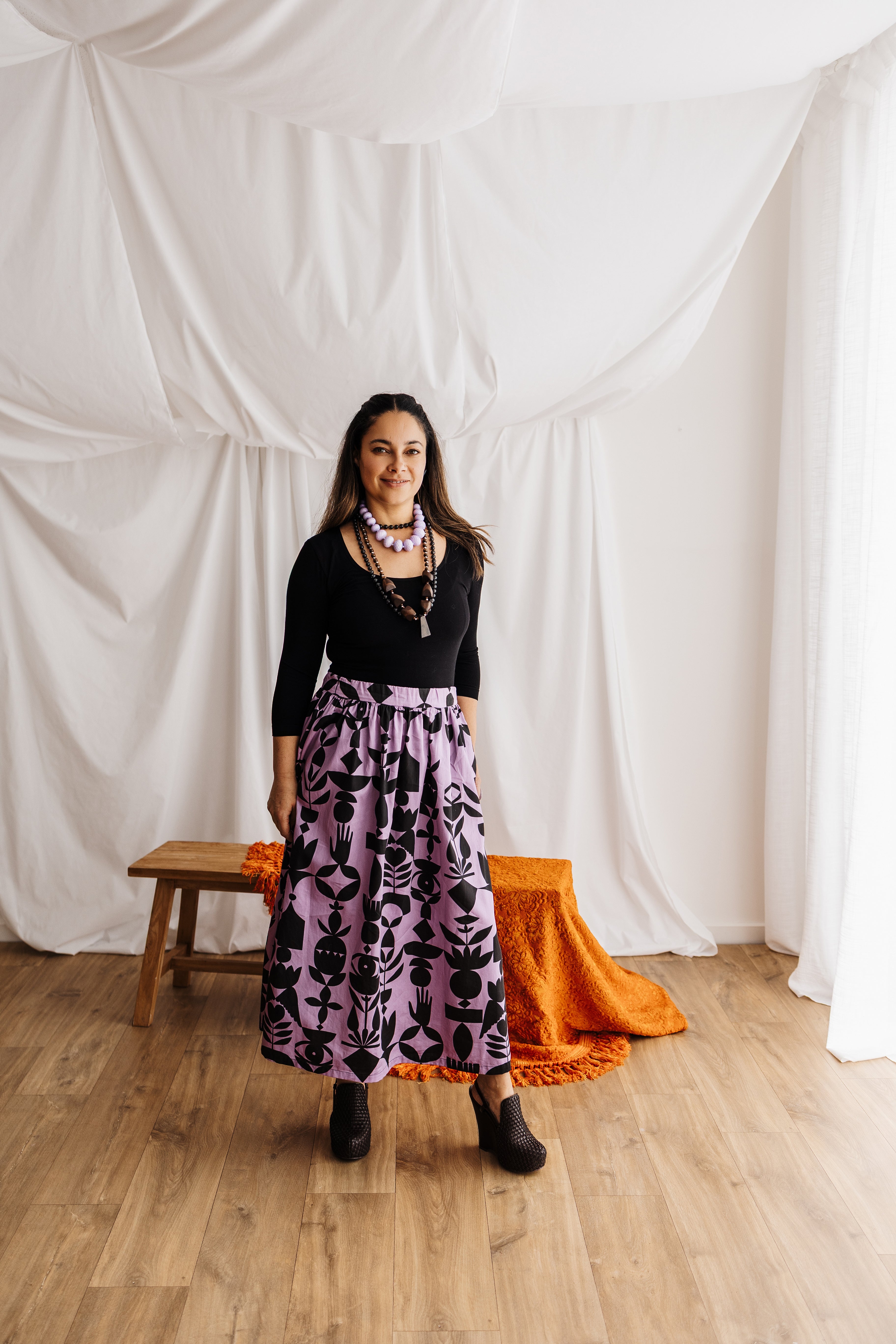  Flowing gypsy skirt in lilac featuring the Memento print by Cecilia Mok. Made to order in organic cotton. Handmade in the Dandenong Ranges, Australia.