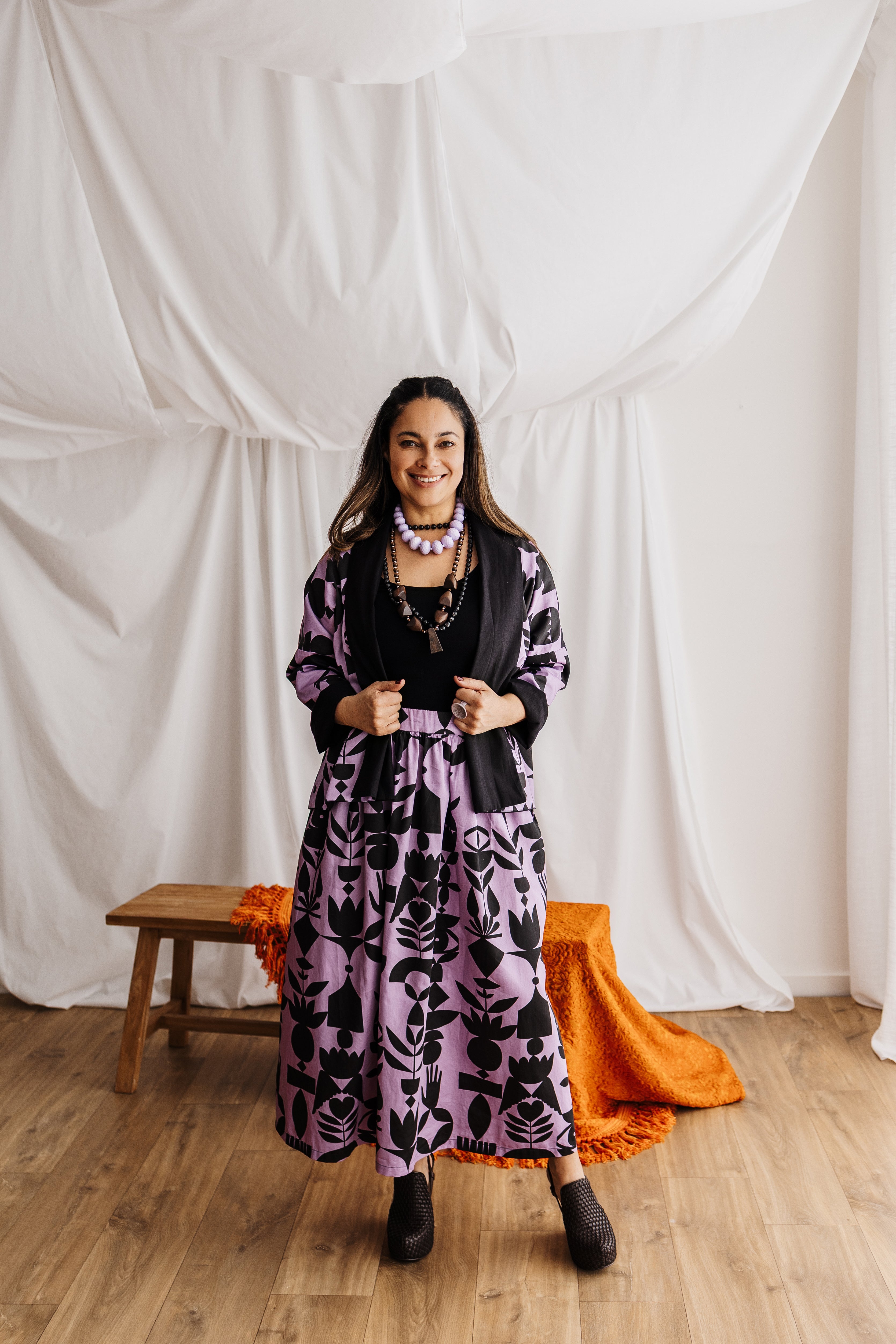  Flowing gypsy skirt in lilac featuring the Memento print by Cecilia Mok. Made to order in organic cotton. Handmade in the Dandenong Ranges, Australia.