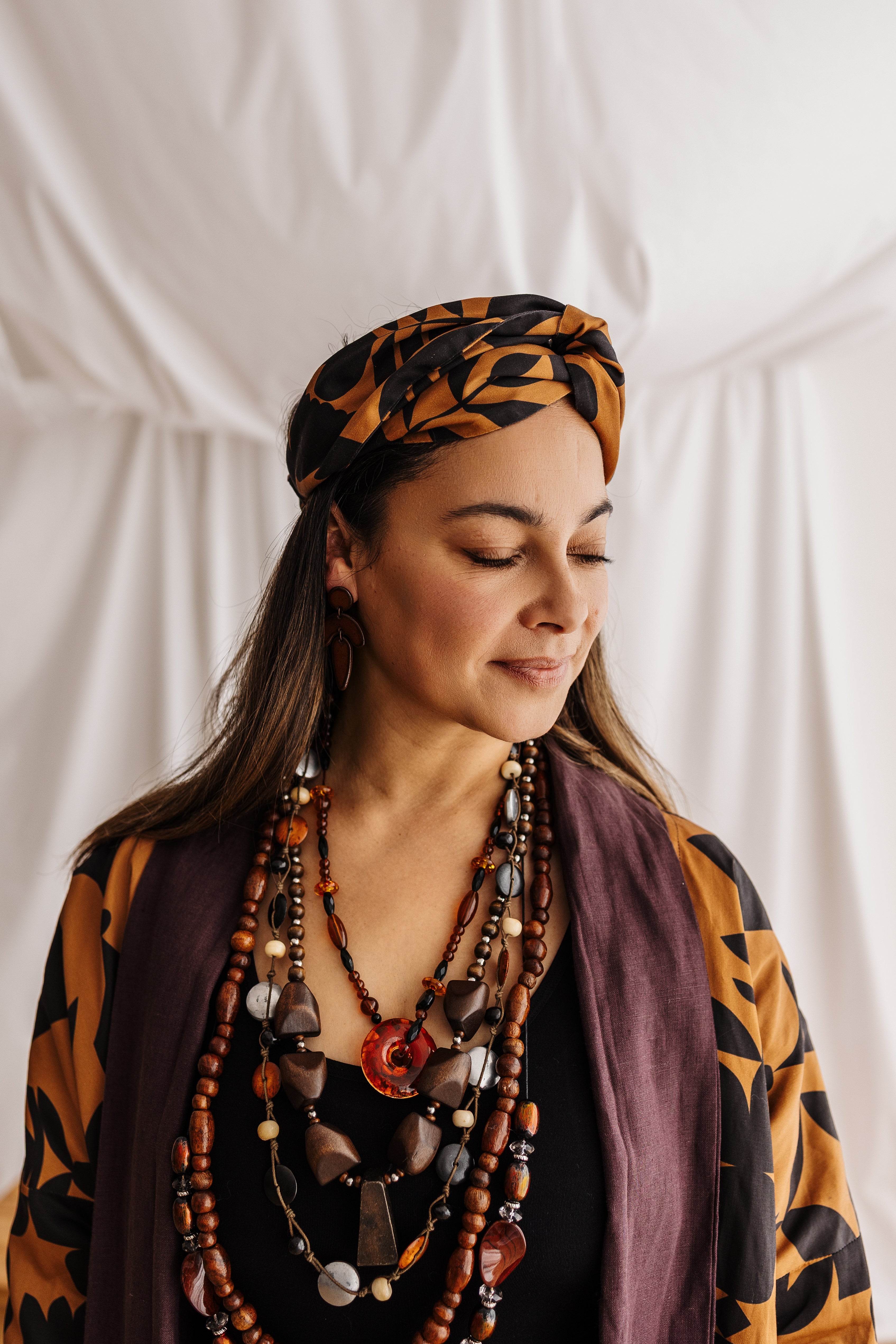 Handmade headband in butterscotch featuring the Memento print by Cecilia Mok. Made from organic cotton offcuts — zero waste Future Vintage by Spiritus Eco Clothing.