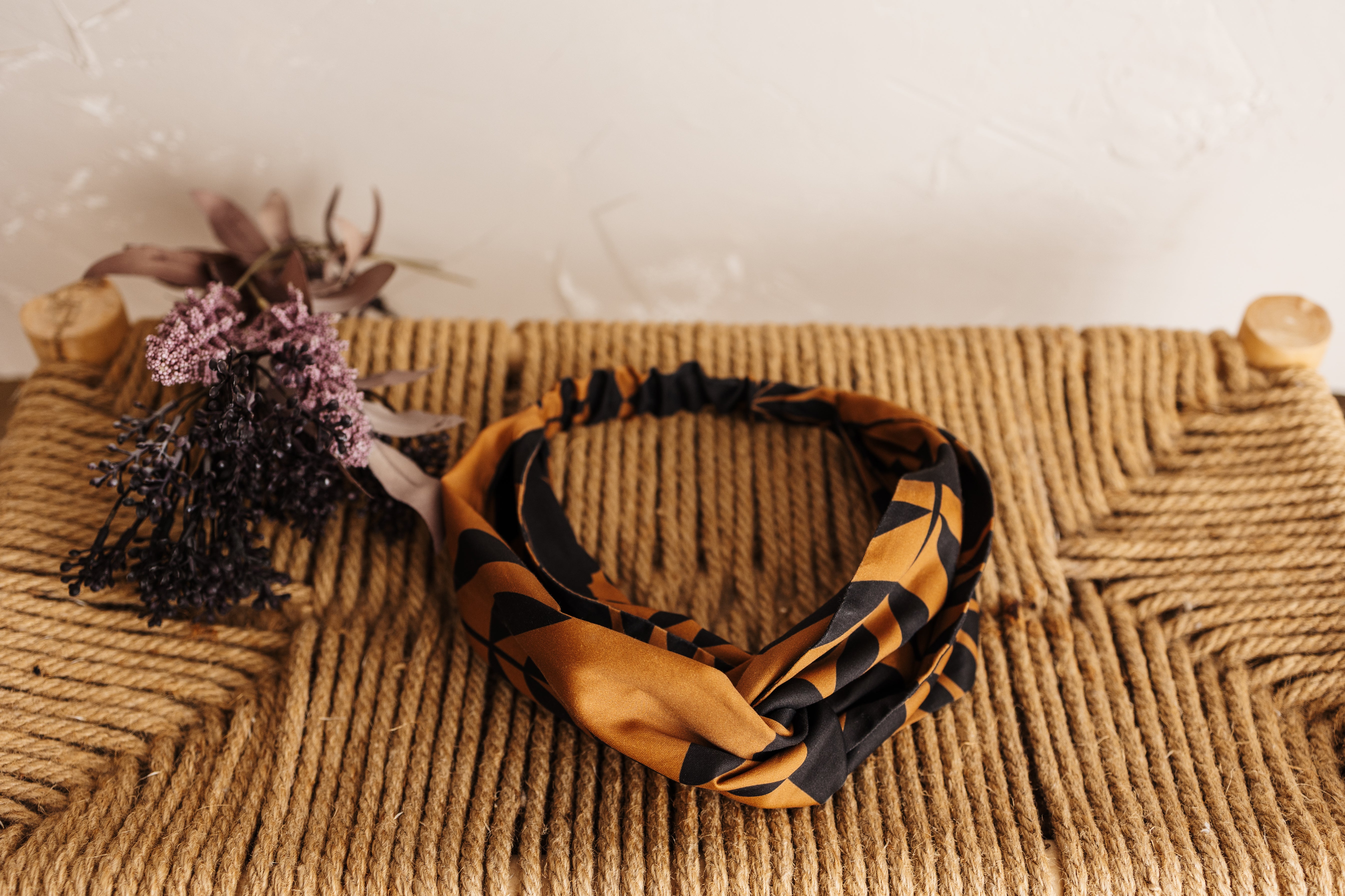 Handmade headband in butterscotch featuring the Memento print by Cecilia Mok. Made from organic cotton offcuts — zero waste Future Vintage by Spiritus Eco Clothing.