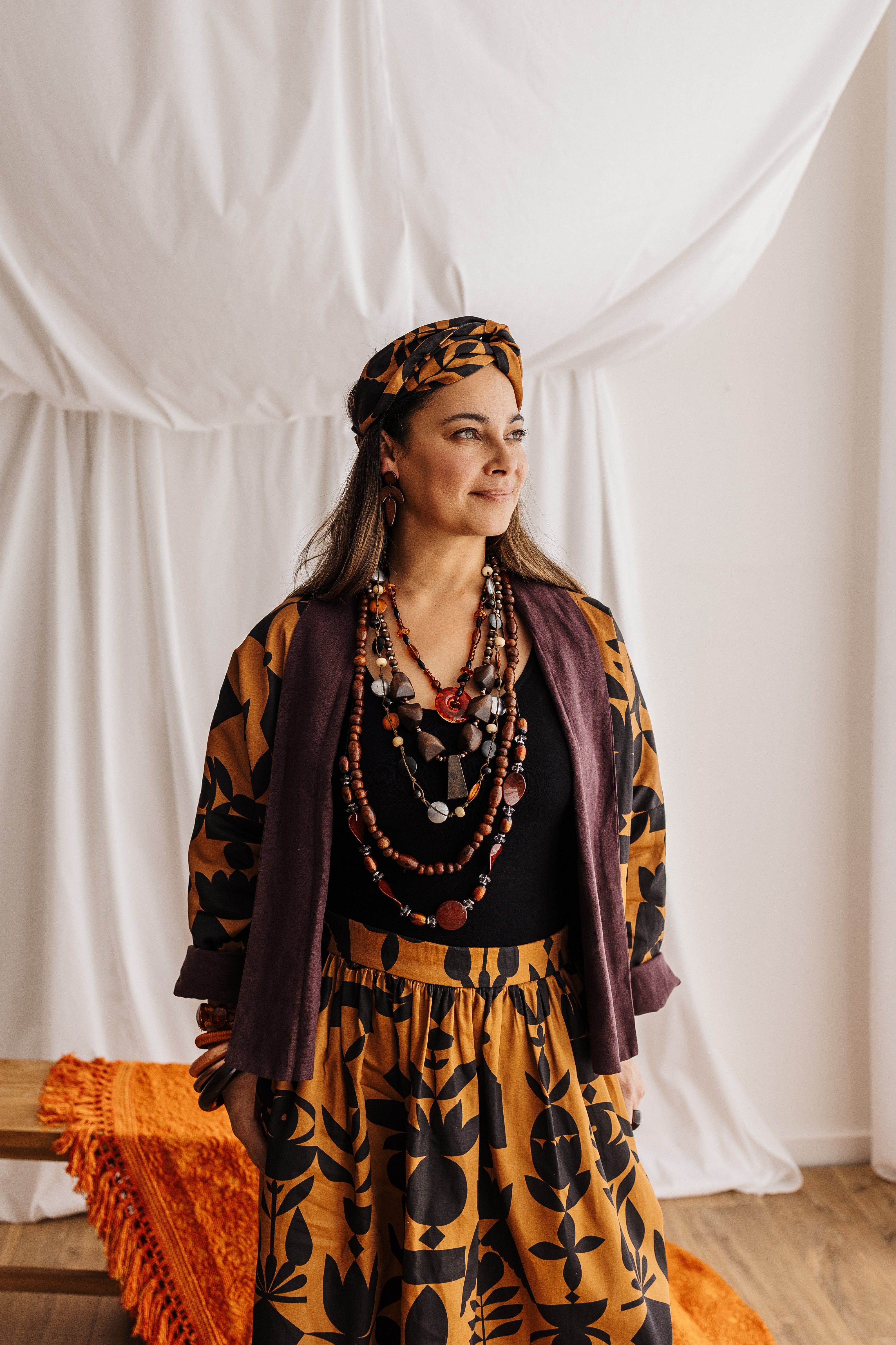 Handmade headband in butterscotch featuring the Memento print by Cecilia Mok. Made from organic cotton offcuts — zero waste Future Vintage by Spiritus Eco Clothing.