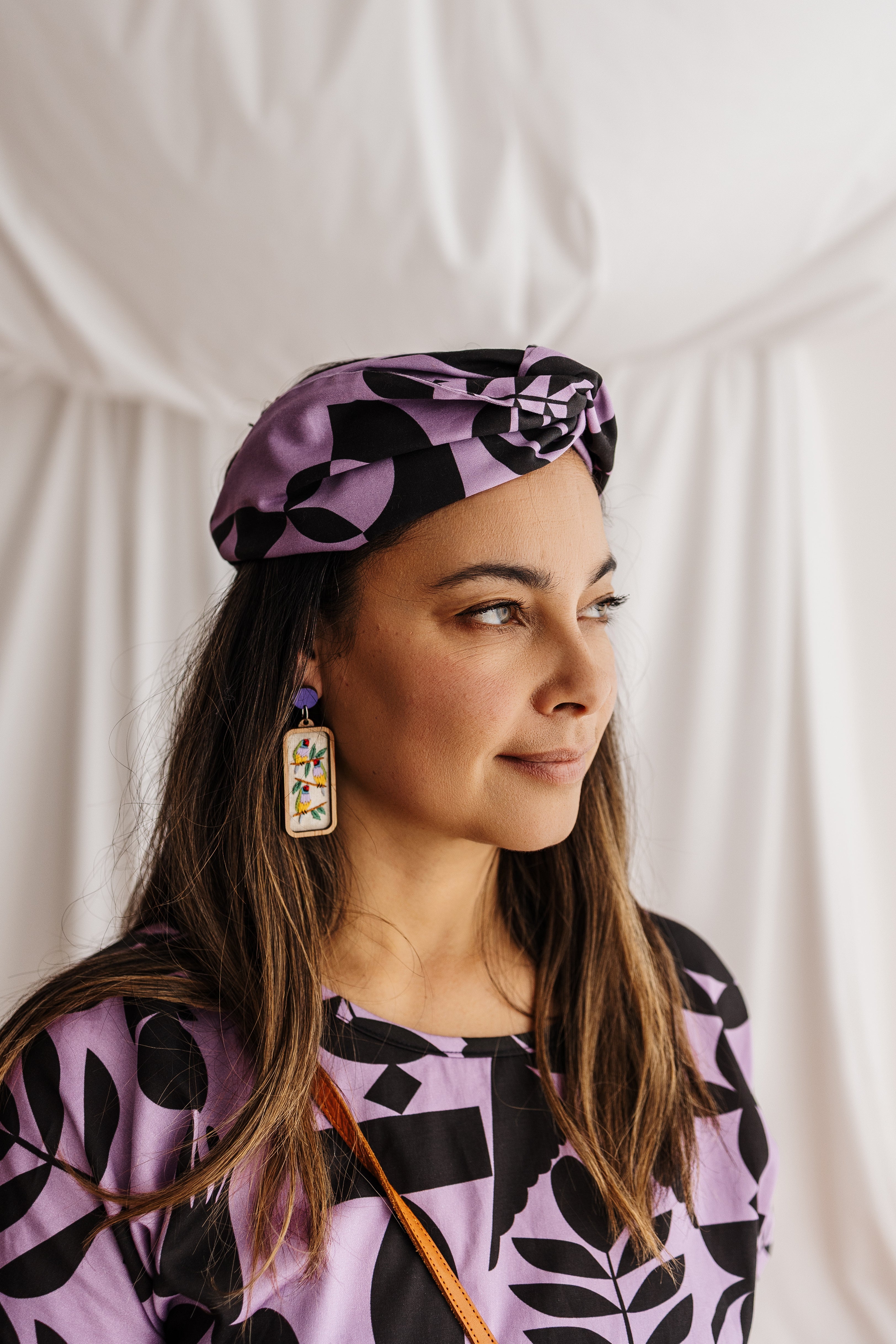 Handmade headband in lilac featuring the Memento print by Cecilia Mok. Made from organic cotton offcuts — zero waste Future Vintage by Spiritus Eco Clothing.
