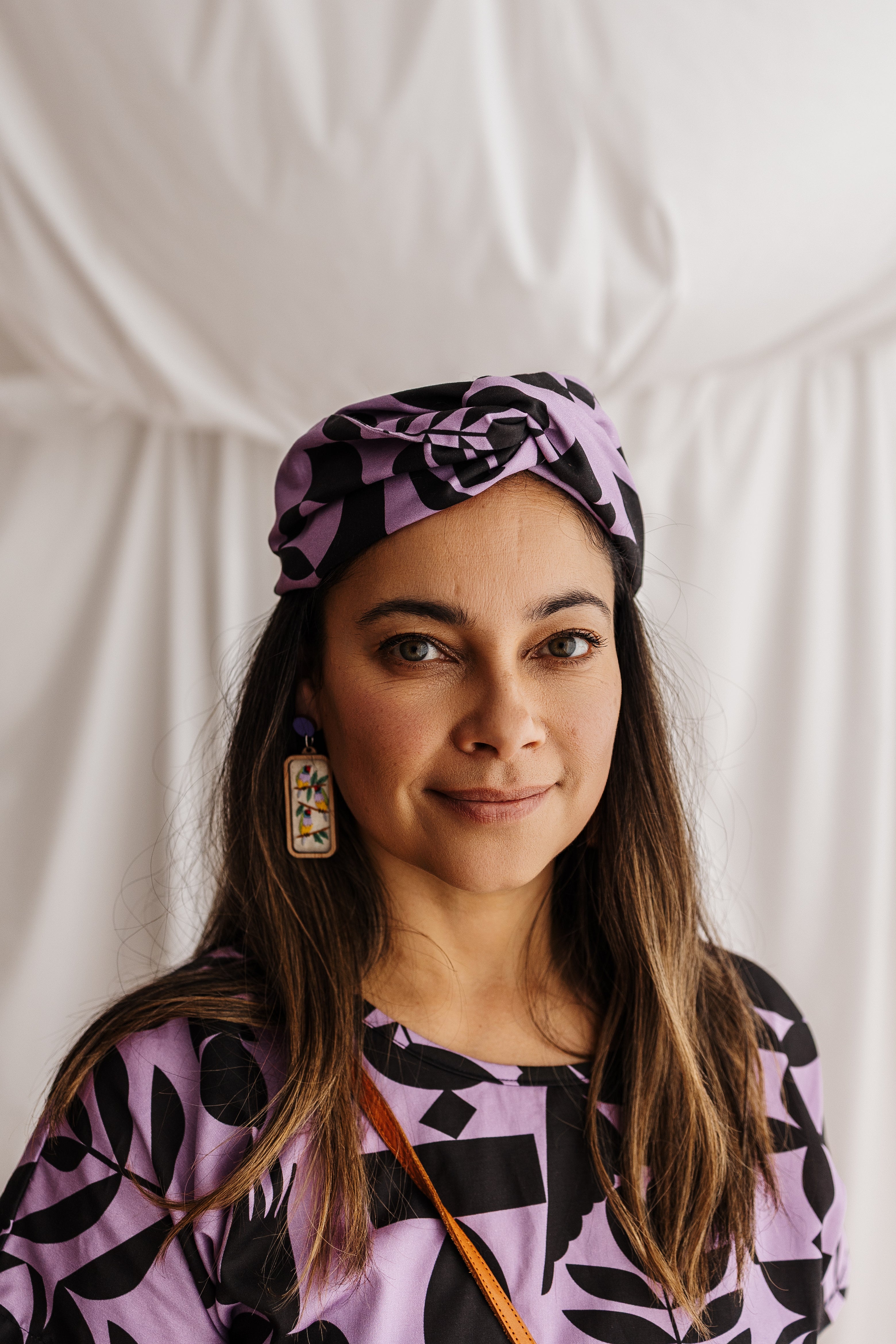 Handmade headband in lilac featuring the Memento print by Cecilia Mok. Made from organic cotton offcuts — zero waste Future Vintage by Spiritus Eco Clothing.