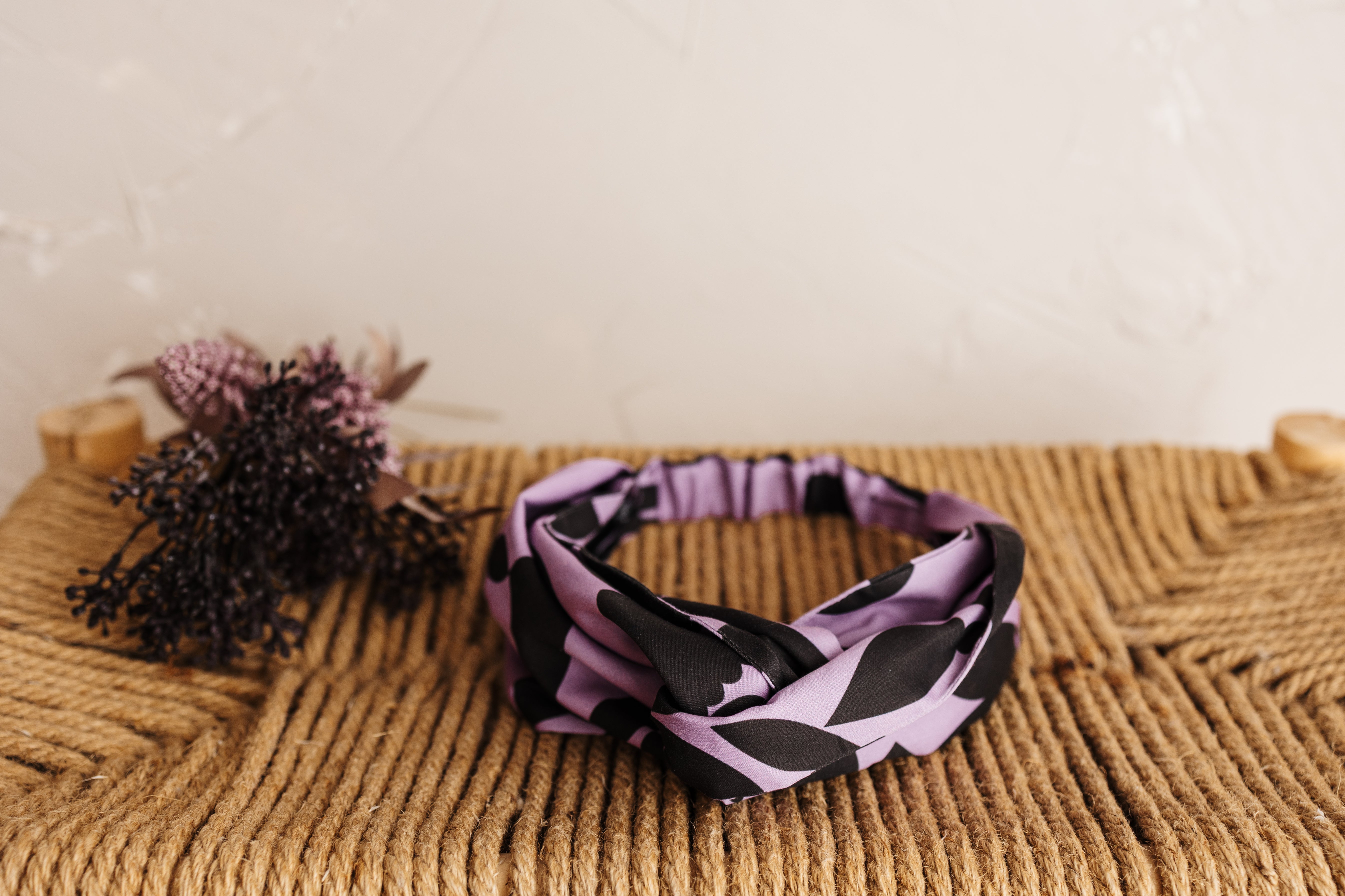 Handmade headband in lilac featuring the Memento print by Cecilia Mok. Made from organic cotton offcuts — zero waste Future Vintage by Spiritus Eco Clothing.