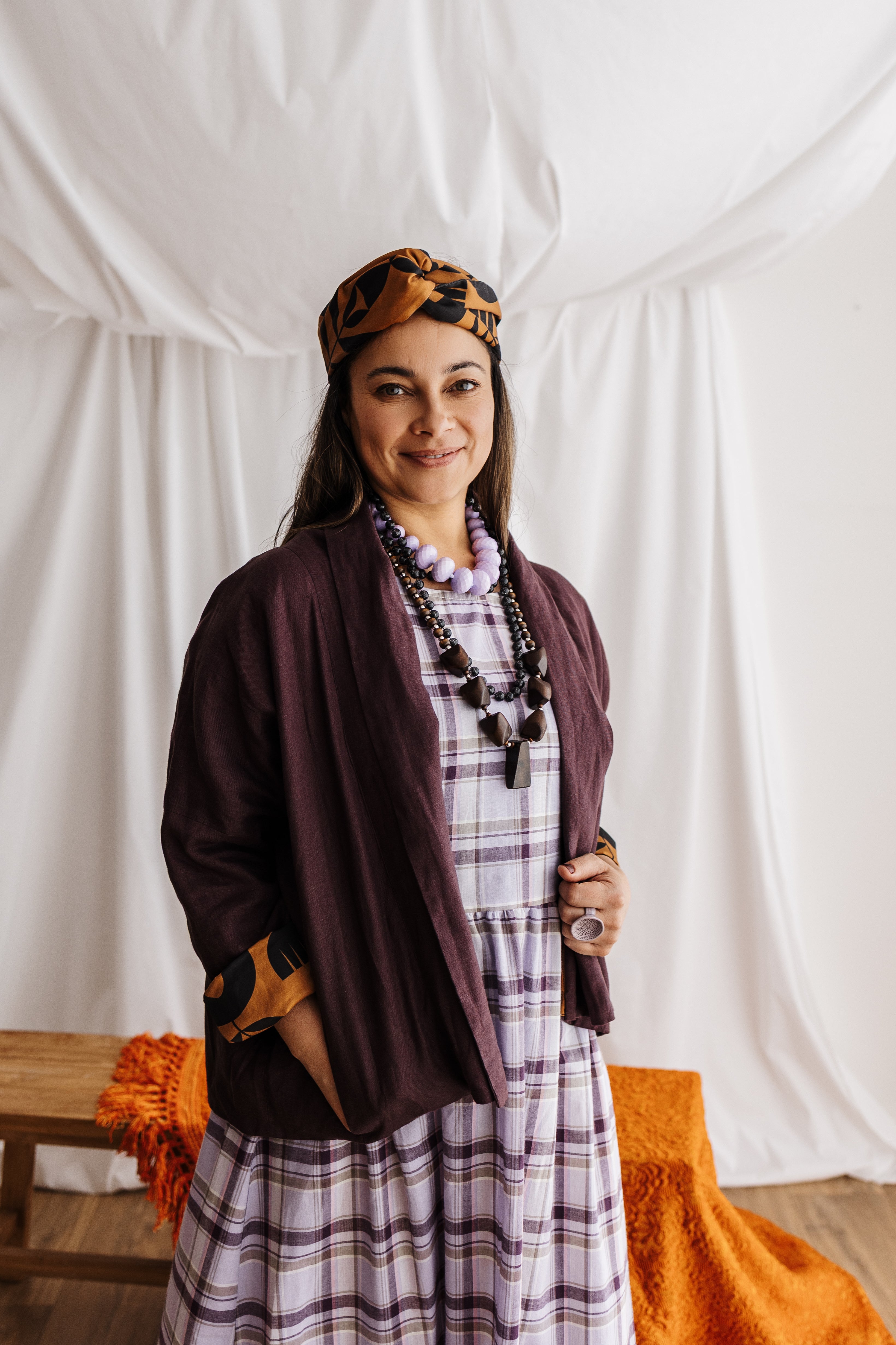 Handmade headband in butterscotch featuring the Memento print by Cecilia Mok. Made from organic cotton offcuts — zero waste Future Vintage by Spiritus Eco Clothing.