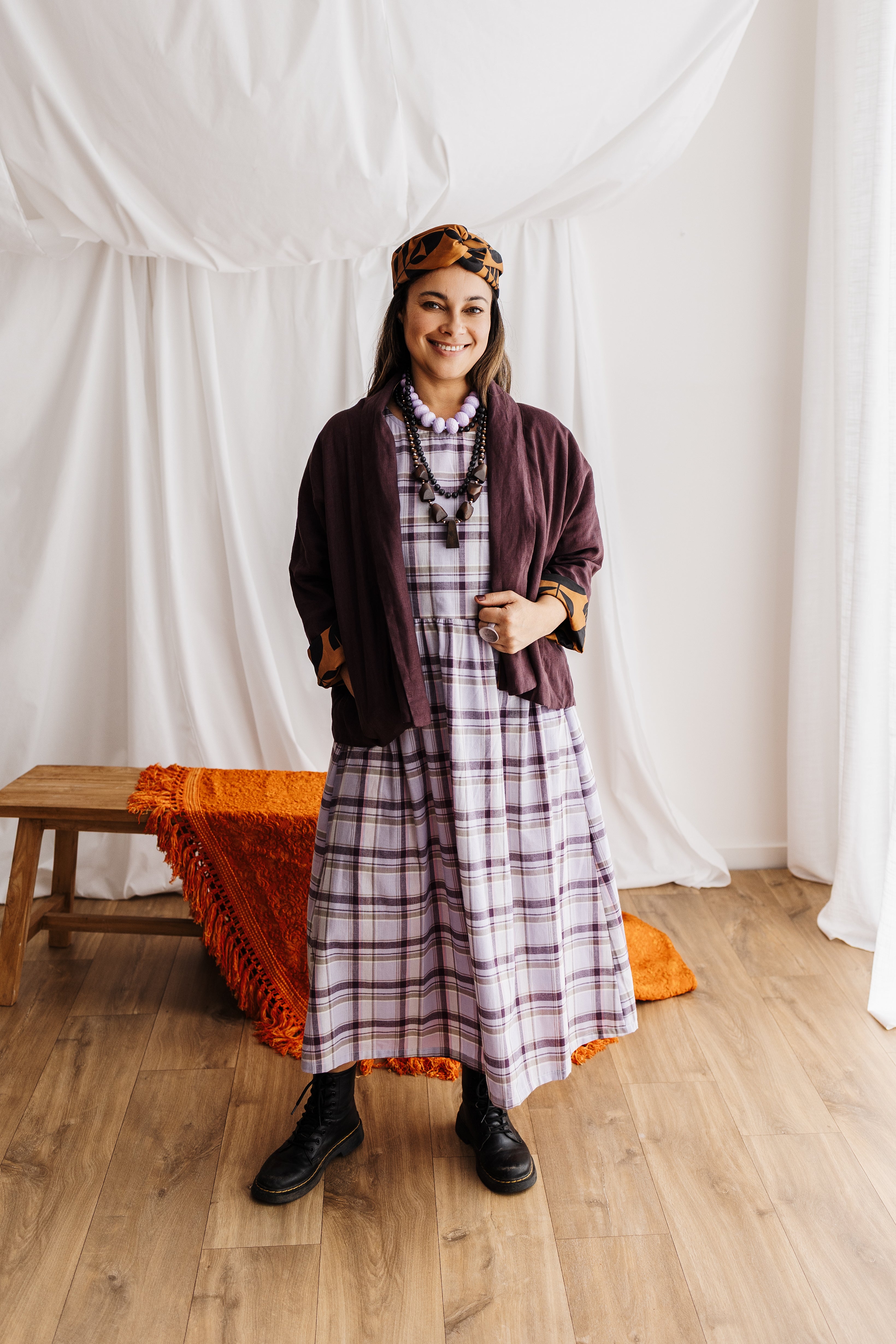 A reversible linen jacket — two looks in one. Butterscotch Memento print by Cecilia Mok and rich aubergine linen. Handmade in the Dandenong Ranges, Australia.