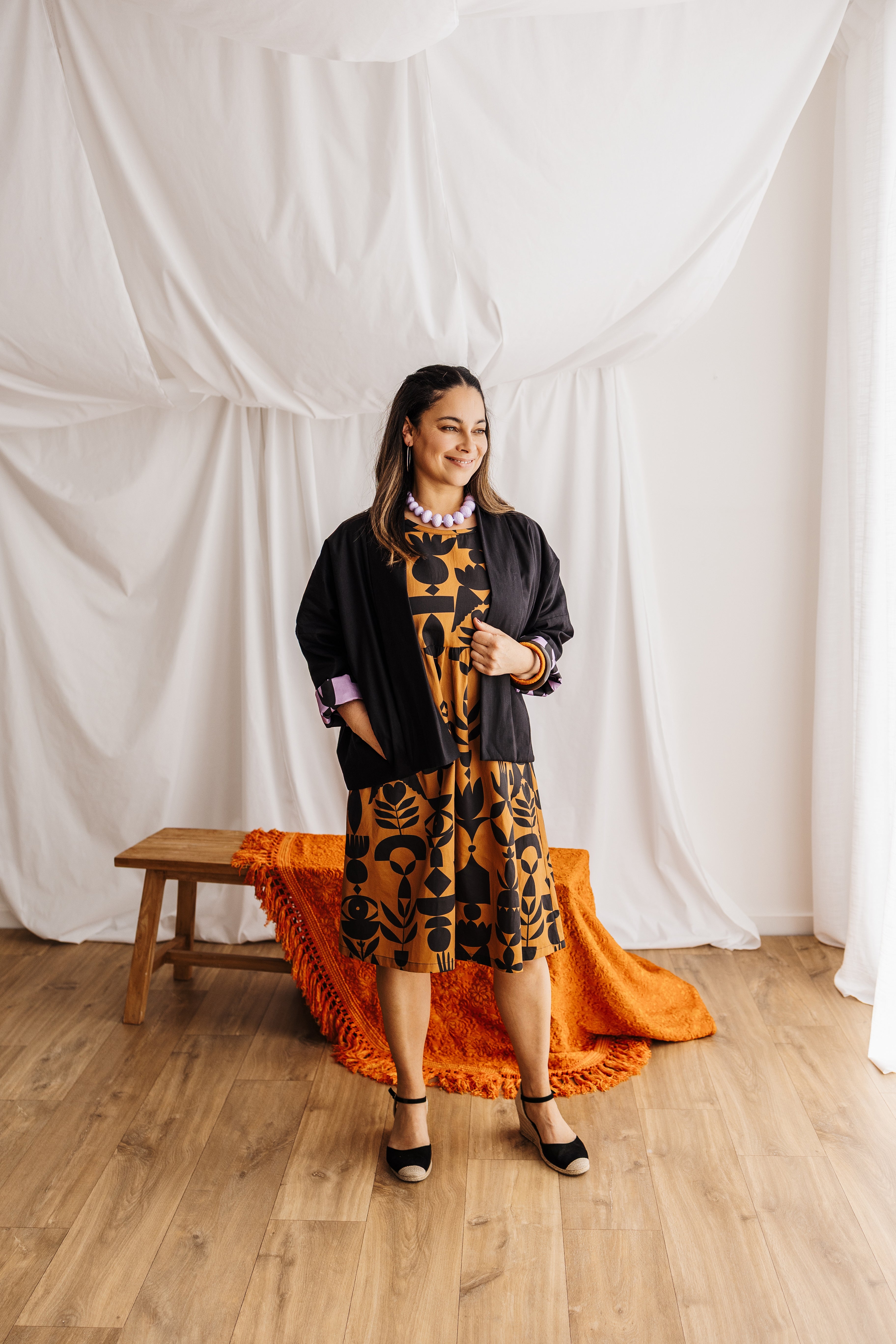A reversible linen jacket — two looks in one. Lilac Memento print by Cecilia Mok and classic black linen. Handmade slow fashion from the Dandenong Ranges, Australia.