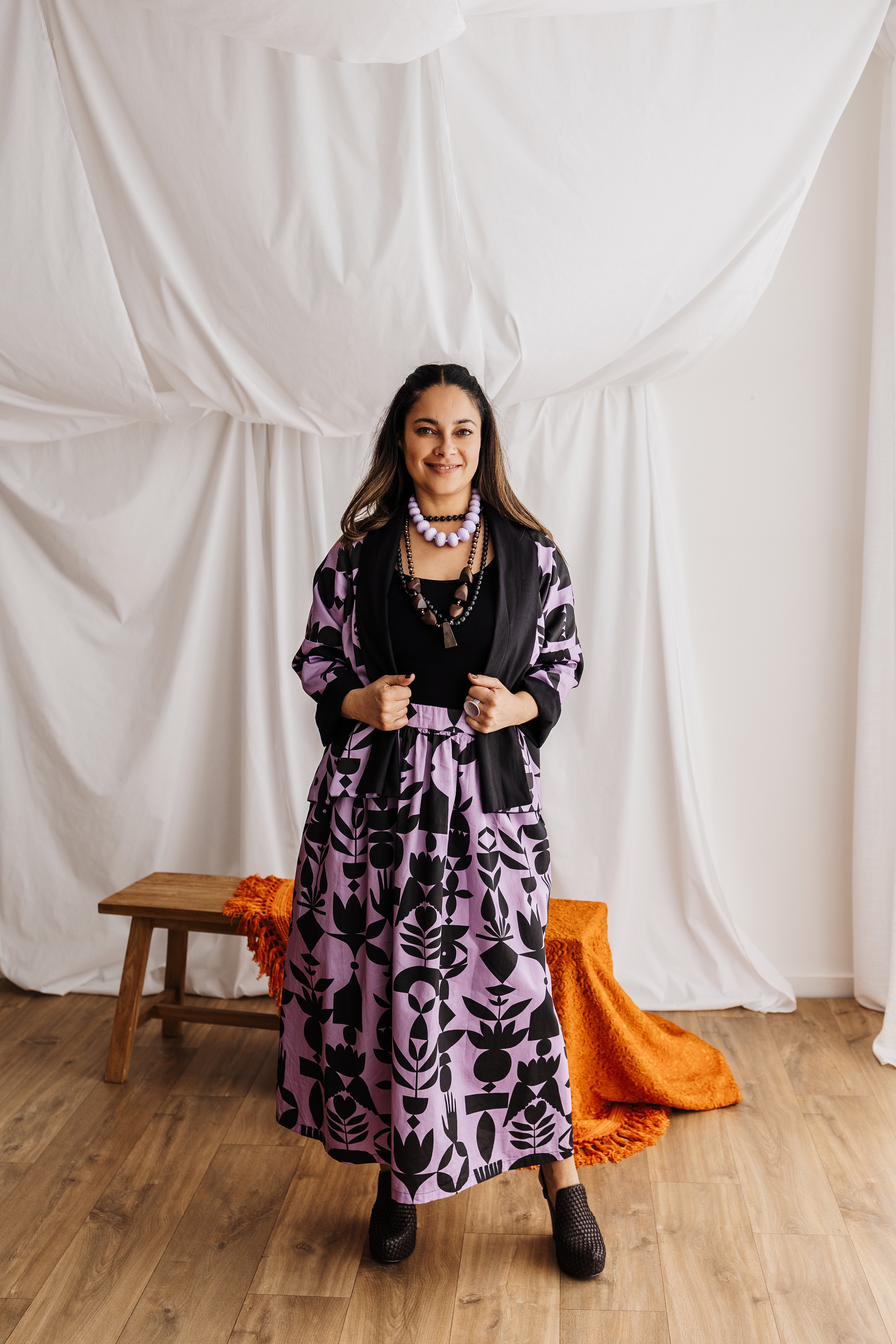 A reversible linen jacket — two looks in one. Lilac Memento print by Cecilia Mok and classic black linen. Handmade slow fashion from the Dandenong Ranges, Australia.