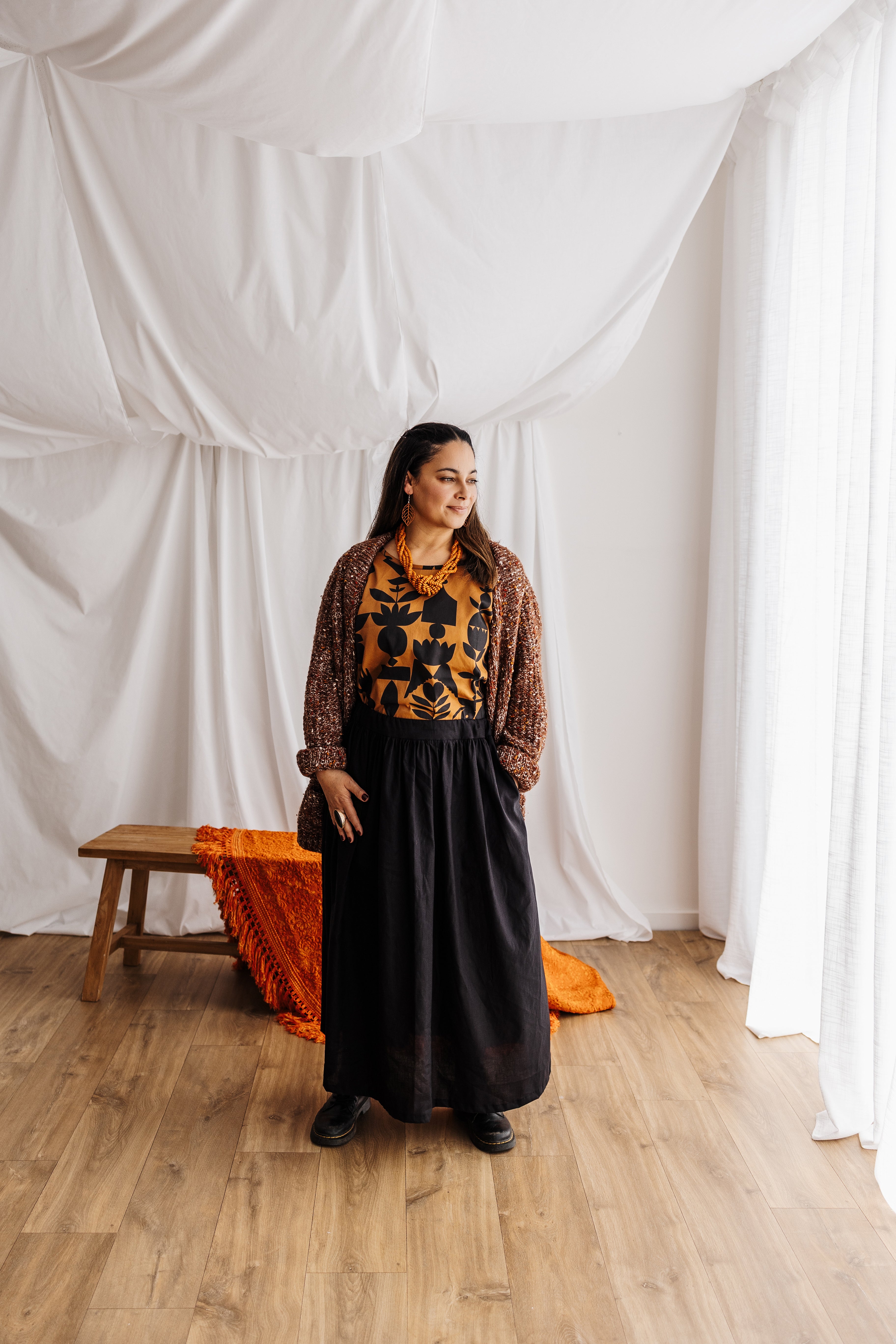 A relaxed tee in warm butterscotch featuring the Memento print by Cecilia Mok. Made to order in organic cotton. Future Vintage by Spiritus Eco Clothing.