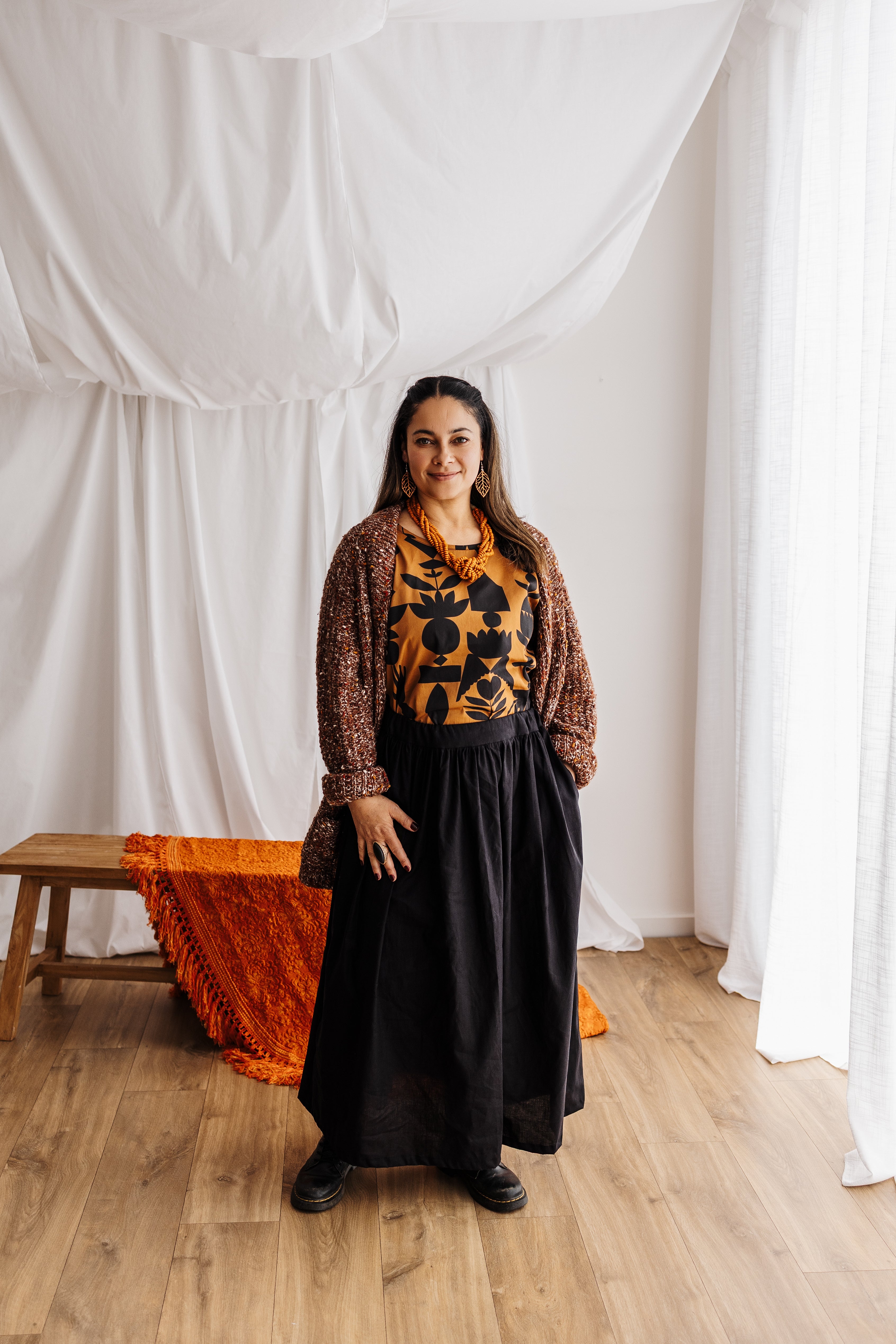 A relaxed tee in warm butterscotch featuring the Memento print by Cecilia Mok. Made to order in organic cotton. Future Vintage by Spiritus Eco Clothing.