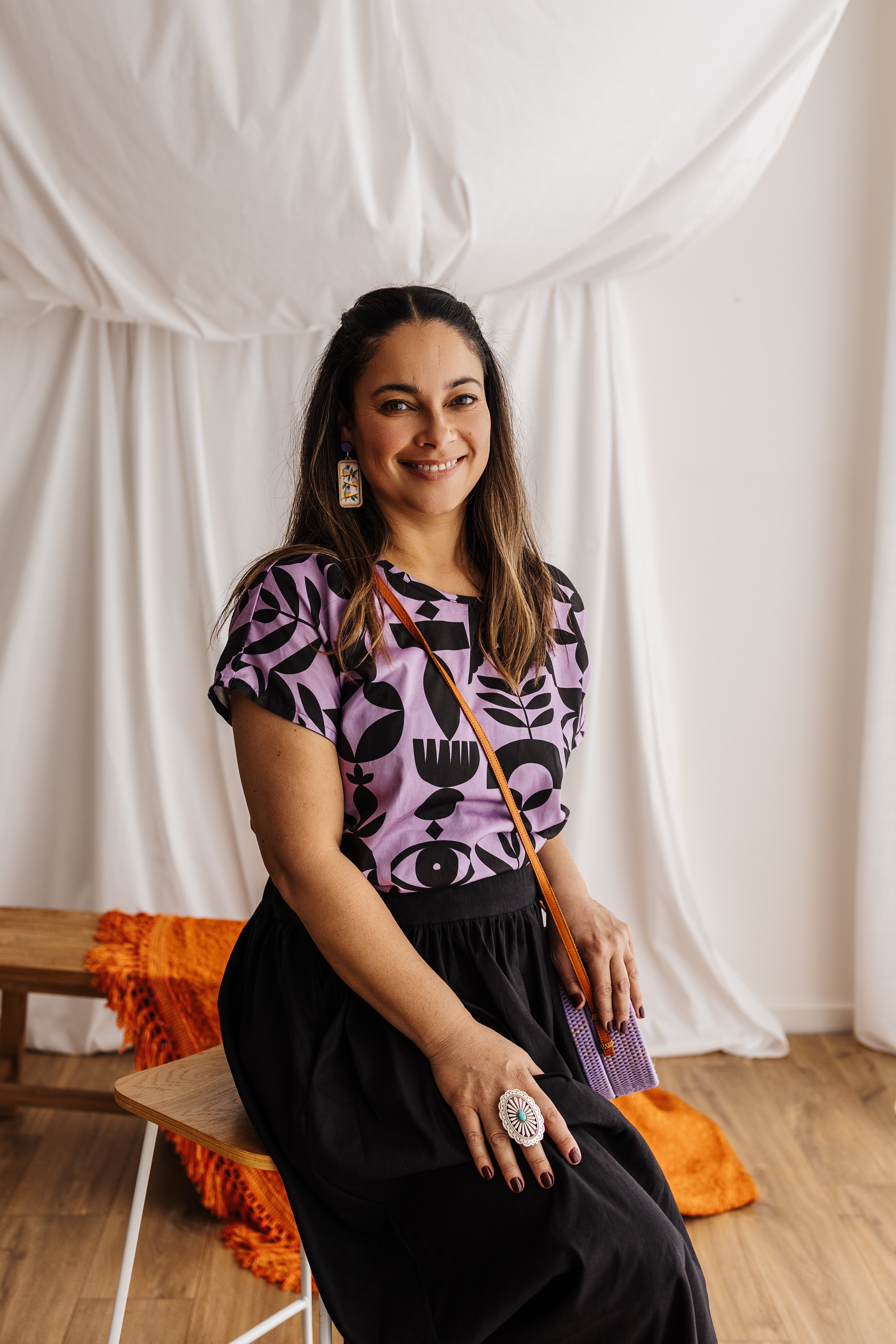 A relaxed tee in lilac featuring the Memento print by Cecilia Mok. Made to order in organic cotton. Future Vintage by Spiritus Eco Clothing, Dandenong Ranges.