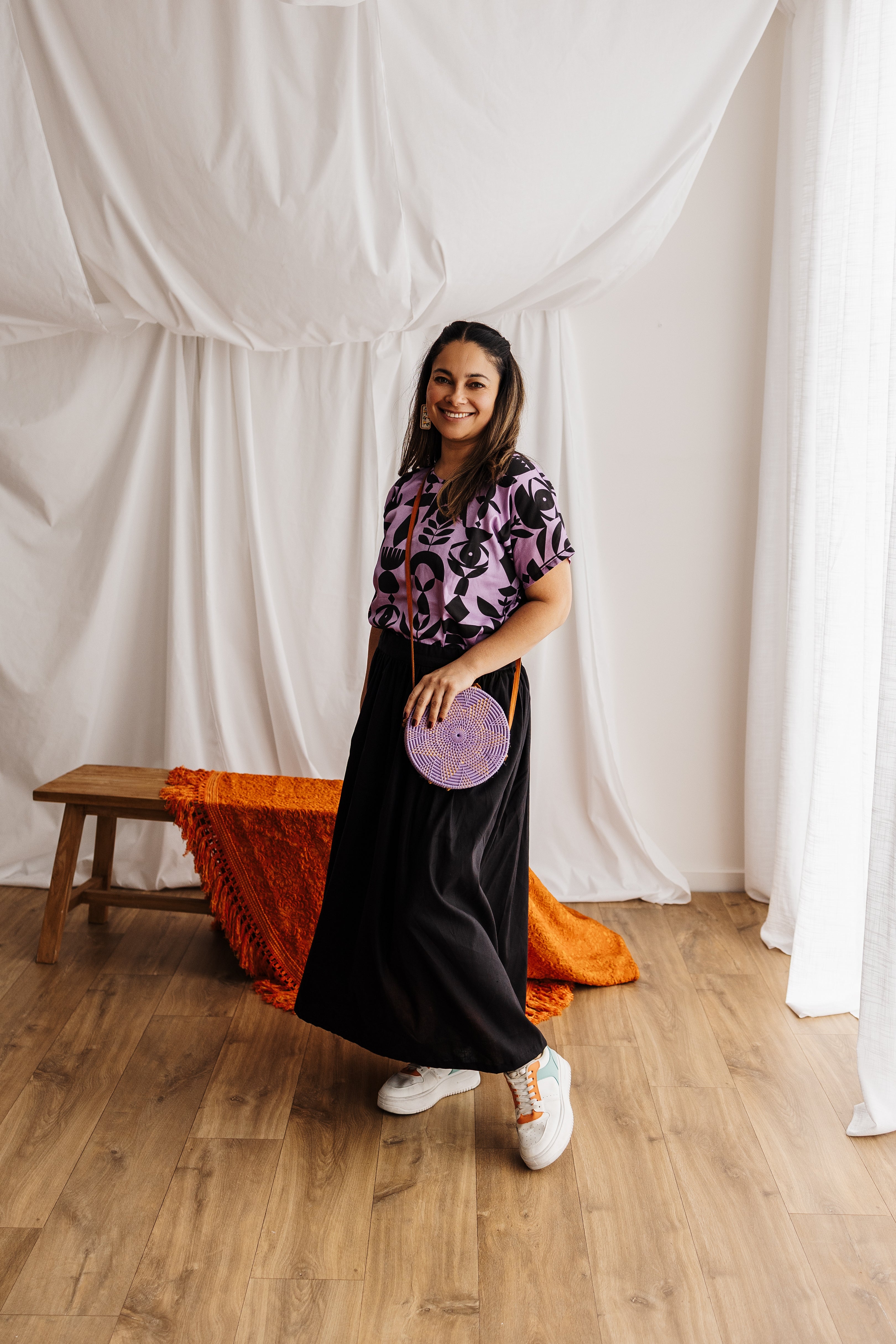A relaxed tee in lilac featuring the Memento print by Cecilia Mok. Made to order in organic cotton. Future Vintage by Spiritus Eco Clothing, Dandenong Ranges.