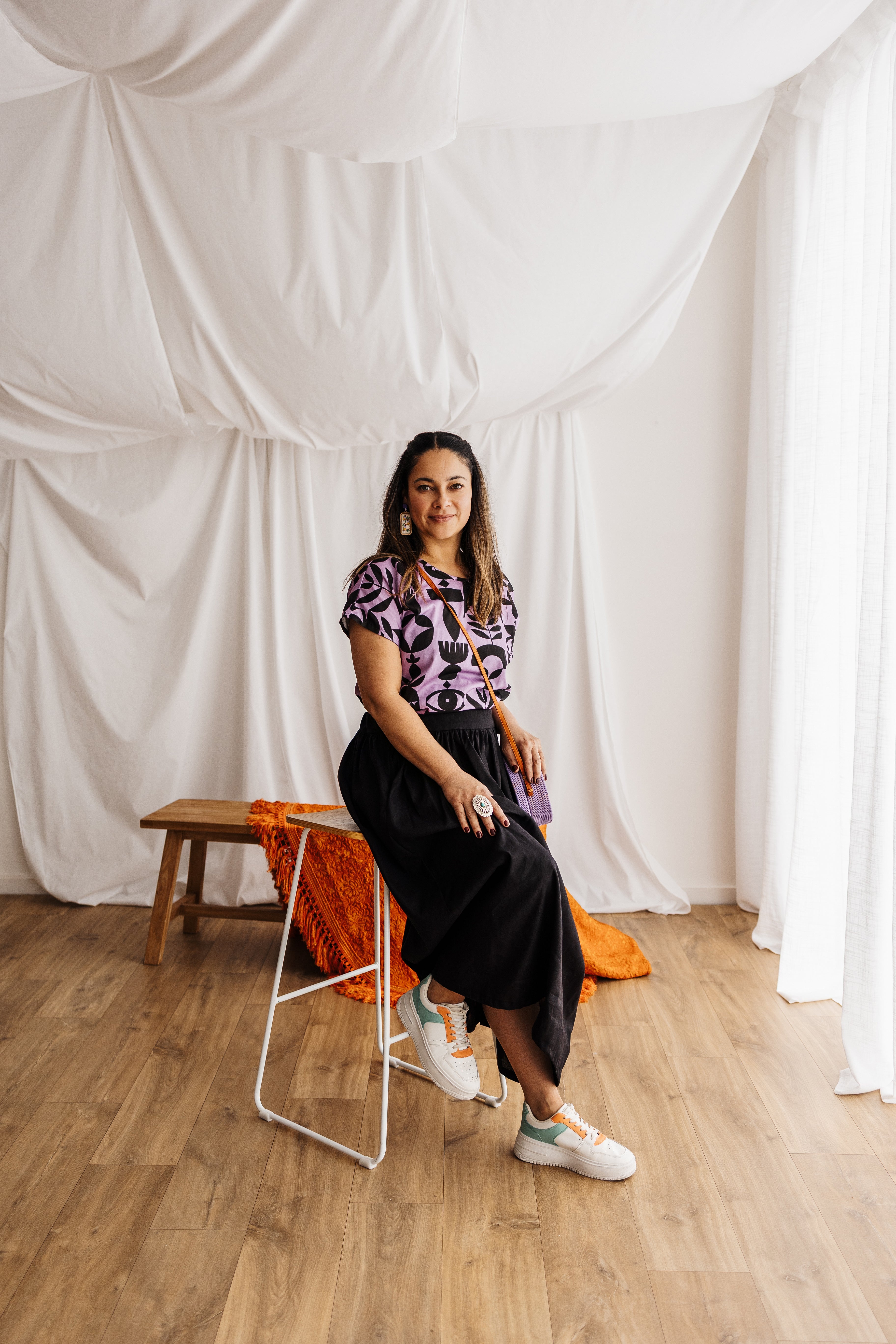 A relaxed tee in lilac featuring the Memento print by Cecilia Mok. Made to order in organic cotton. Future Vintage by Spiritus Eco Clothing, Dandenong Ranges.