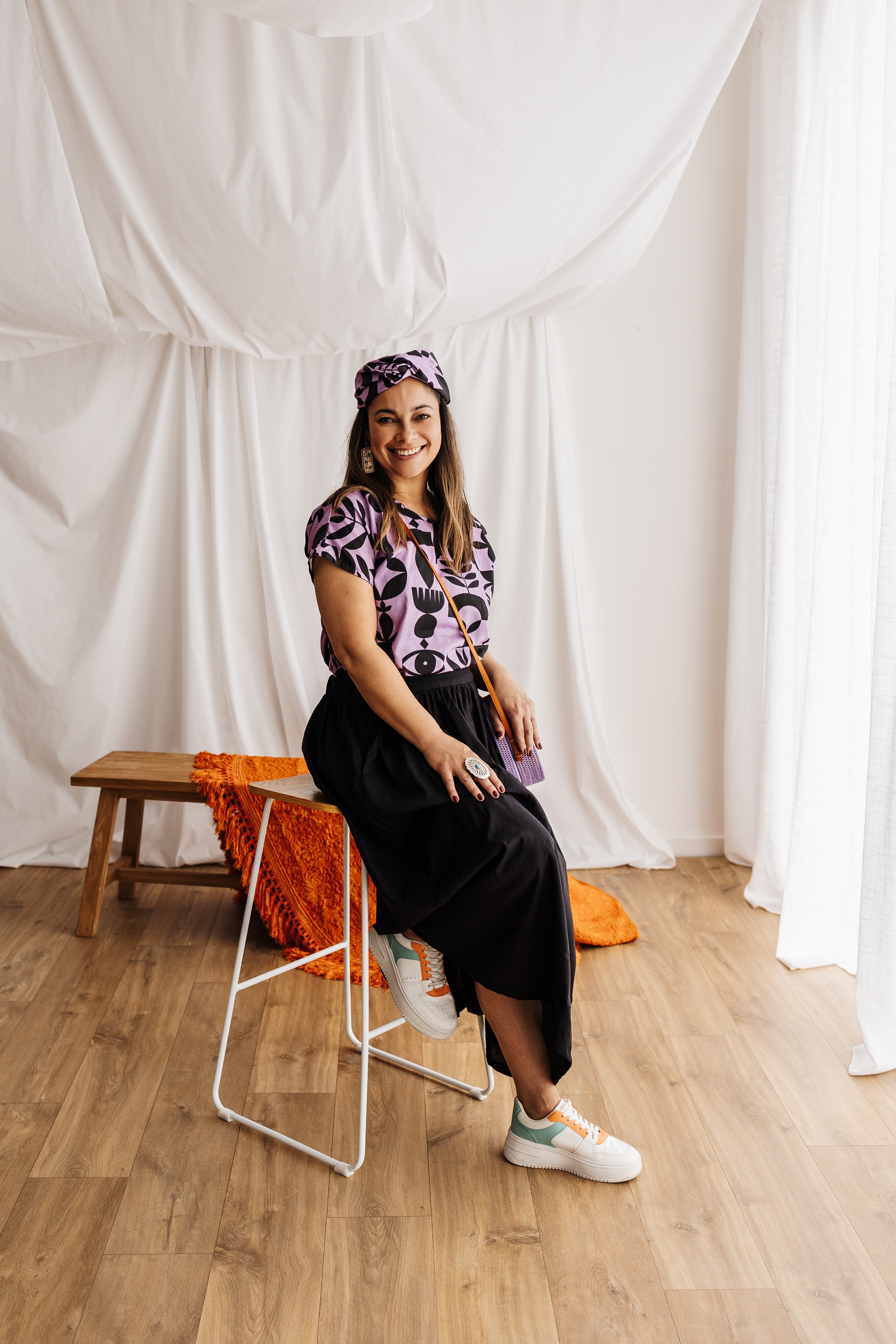 A relaxed tee in lilac featuring the Memento print by Cecilia Mok. Made to order in organic cotton. Future Vintage by Spiritus Eco Clothing, Dandenong Ranges.