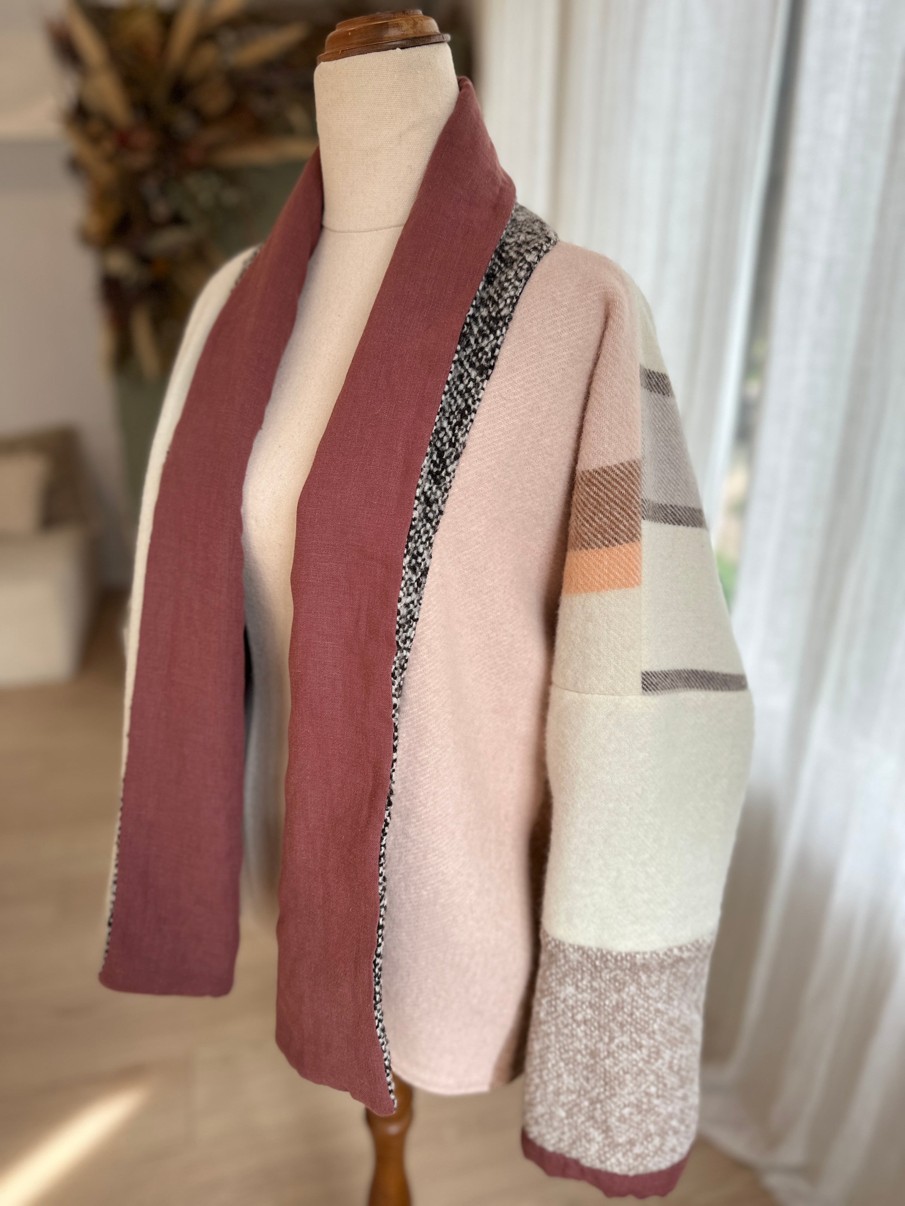 Reversible Linen / Wool Jacket - (Mulberry and Neutral tones) Quality Wool Offcuts from Waverley Mills